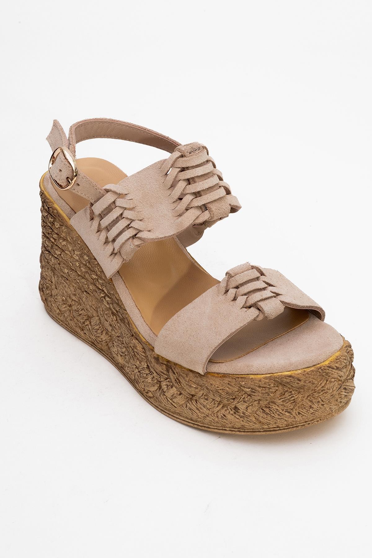 Olien - Beige Suede Leather Platform Espadrilles – detail view showing leather, suede, Vowalisse