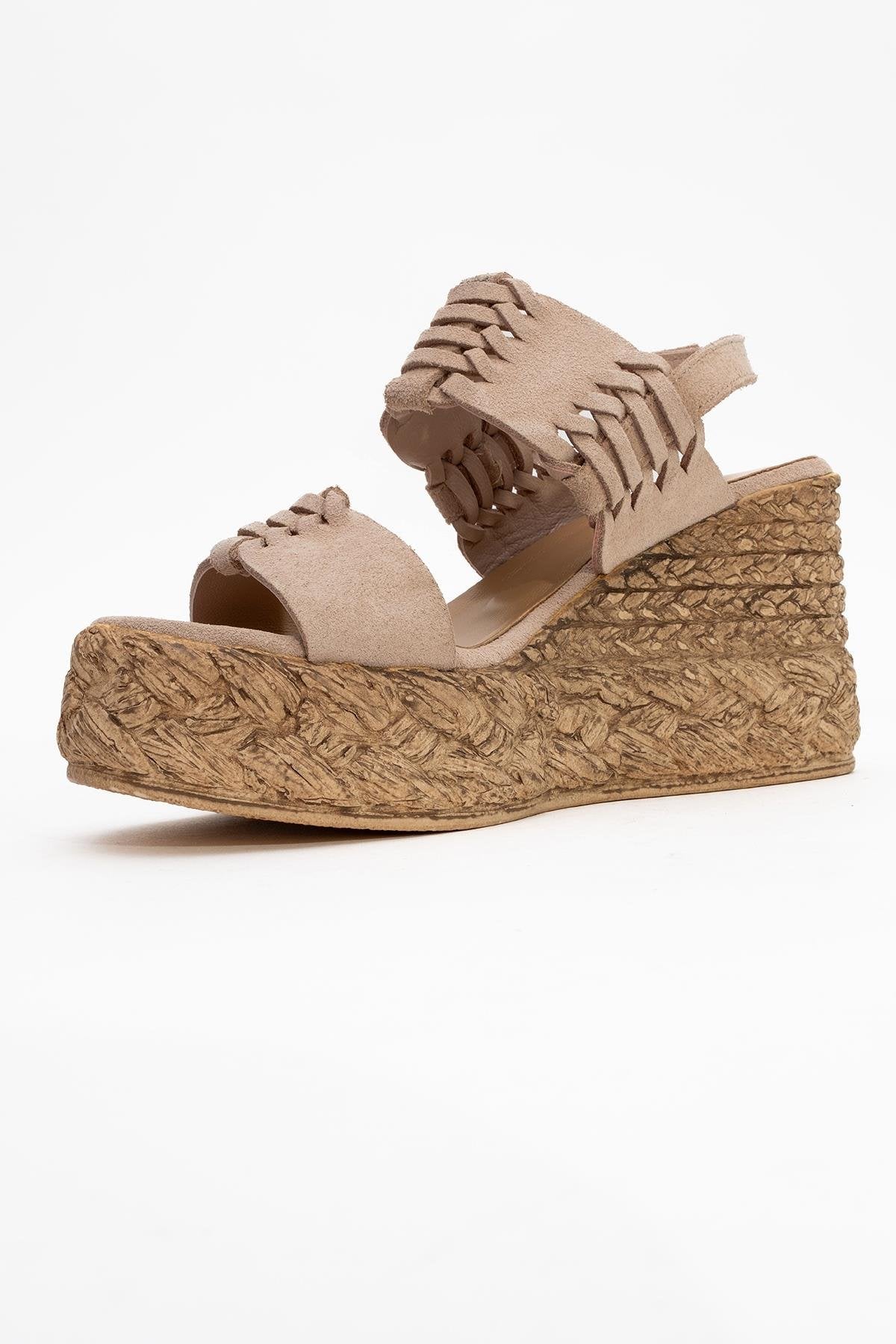 Olien - Beige Suede Leather Platform Espadrilles – heel view showing leather, suede, Vowalisse