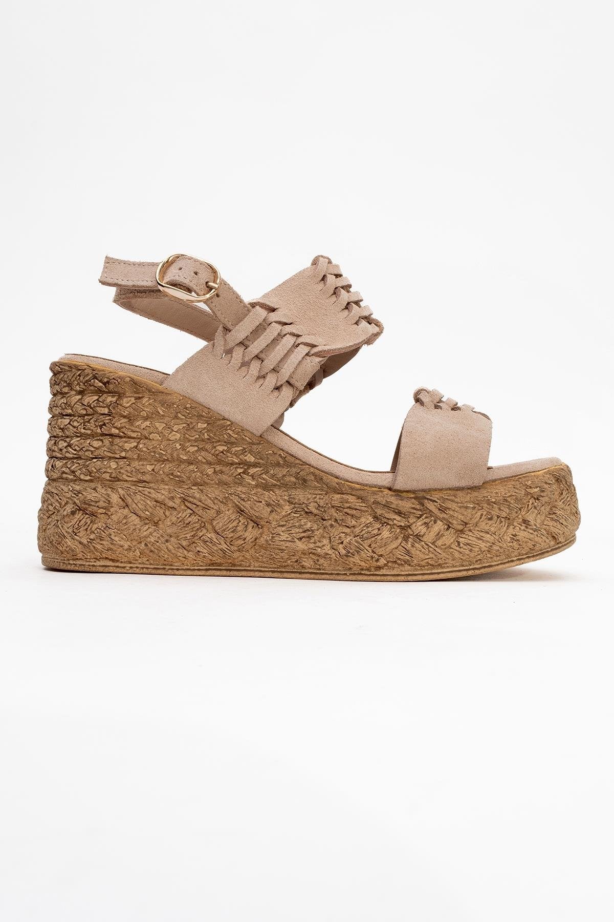 Olien - Beige Suede Leather Platform Espadrilles – top view showing leather, suede, Vowalisse