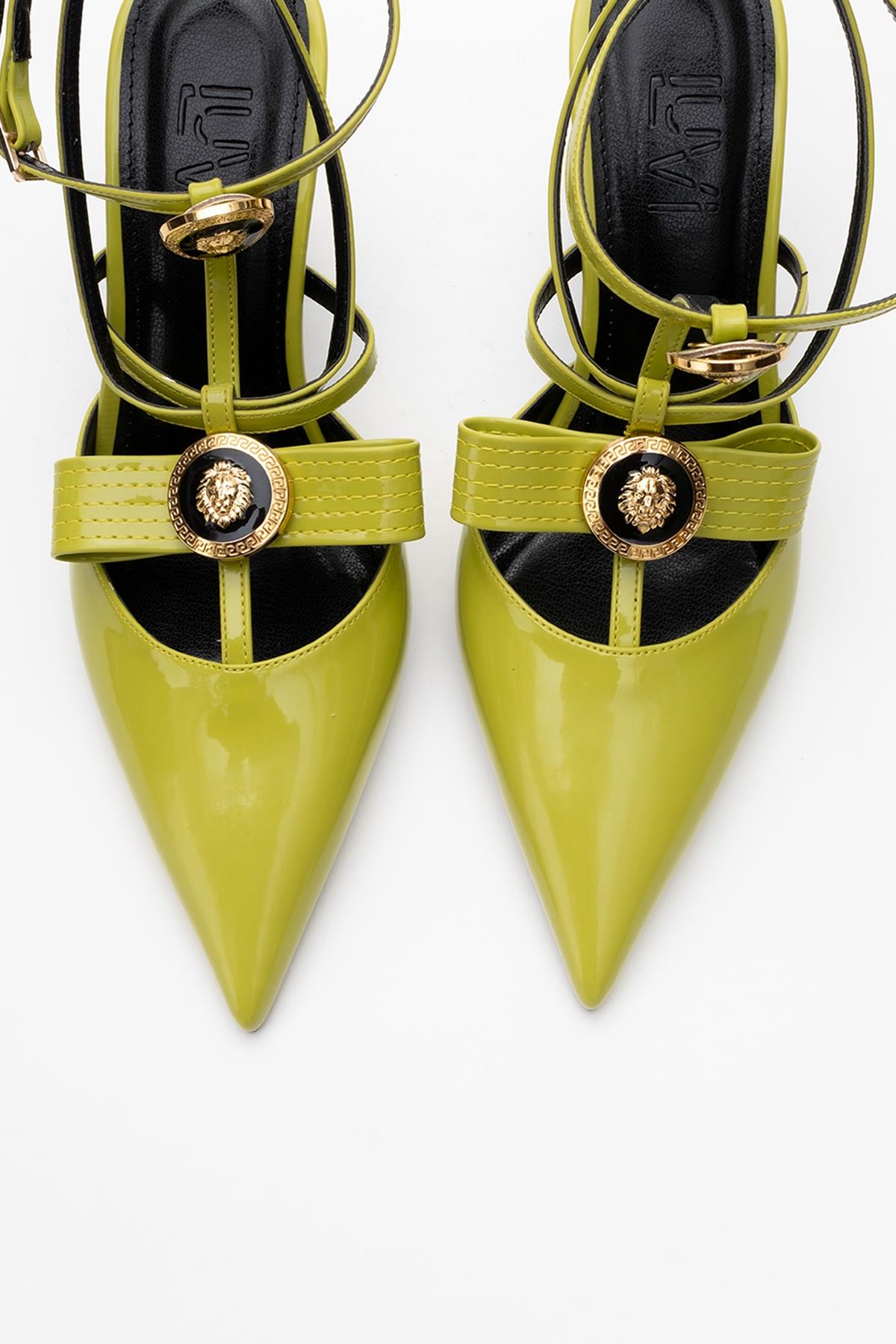 Peal - Green Patent Heeled Shoe – detail view showing leather, green, Vowalisse