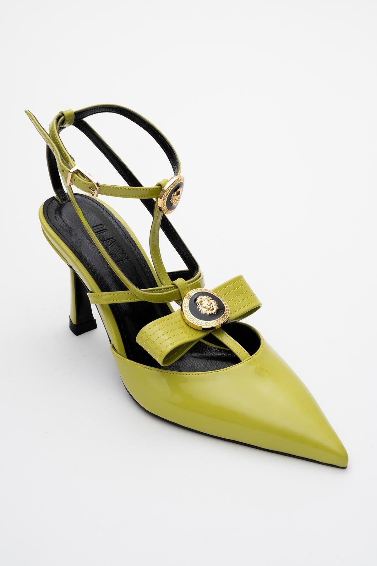 Peal - Green Patent Heeled Shoe – heel view showing leather, green, Vowalisse