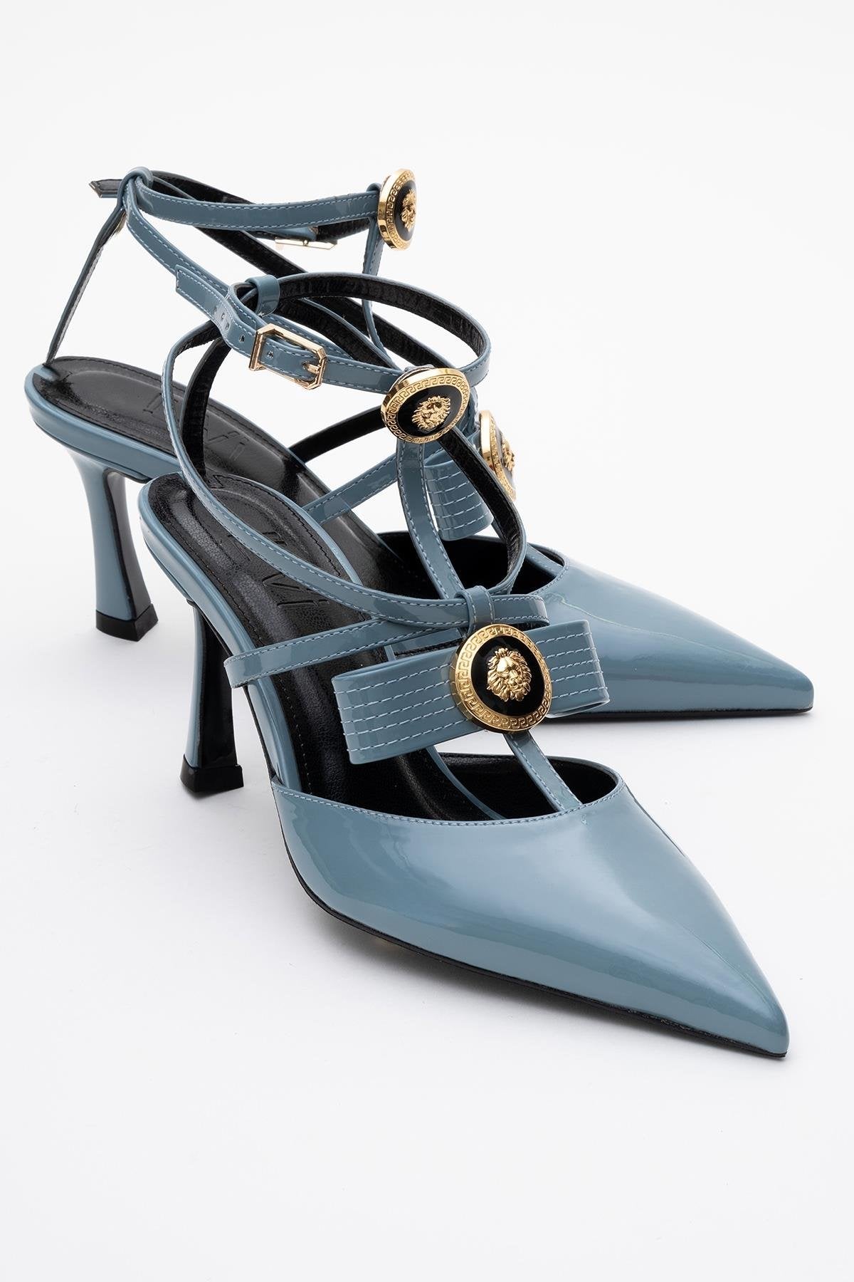 Peal - Blue Patent Heeled Shoe – front three-quarter view showing leather, blue, Vowalisse