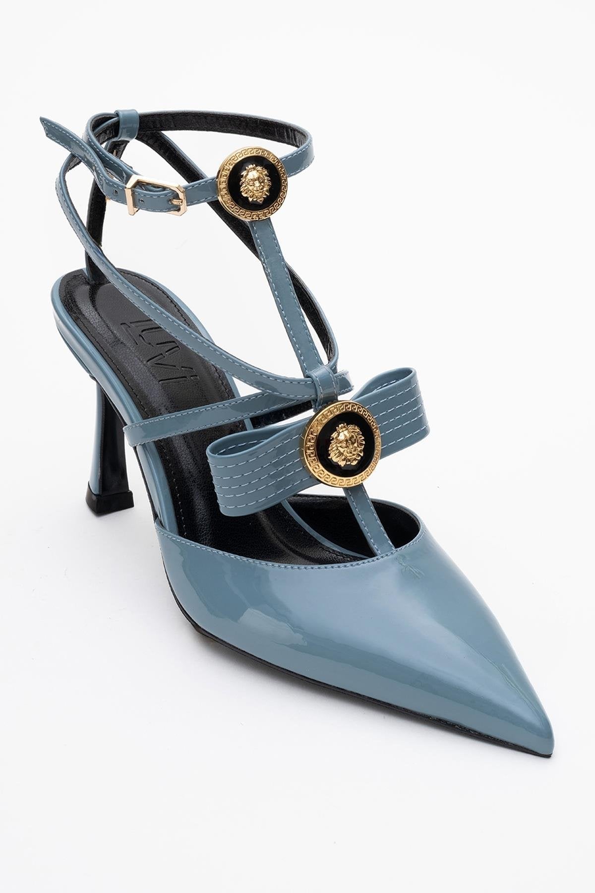 Peal - Blue Patent Heeled Shoe – heel view showing leather, blue, Vowalisse