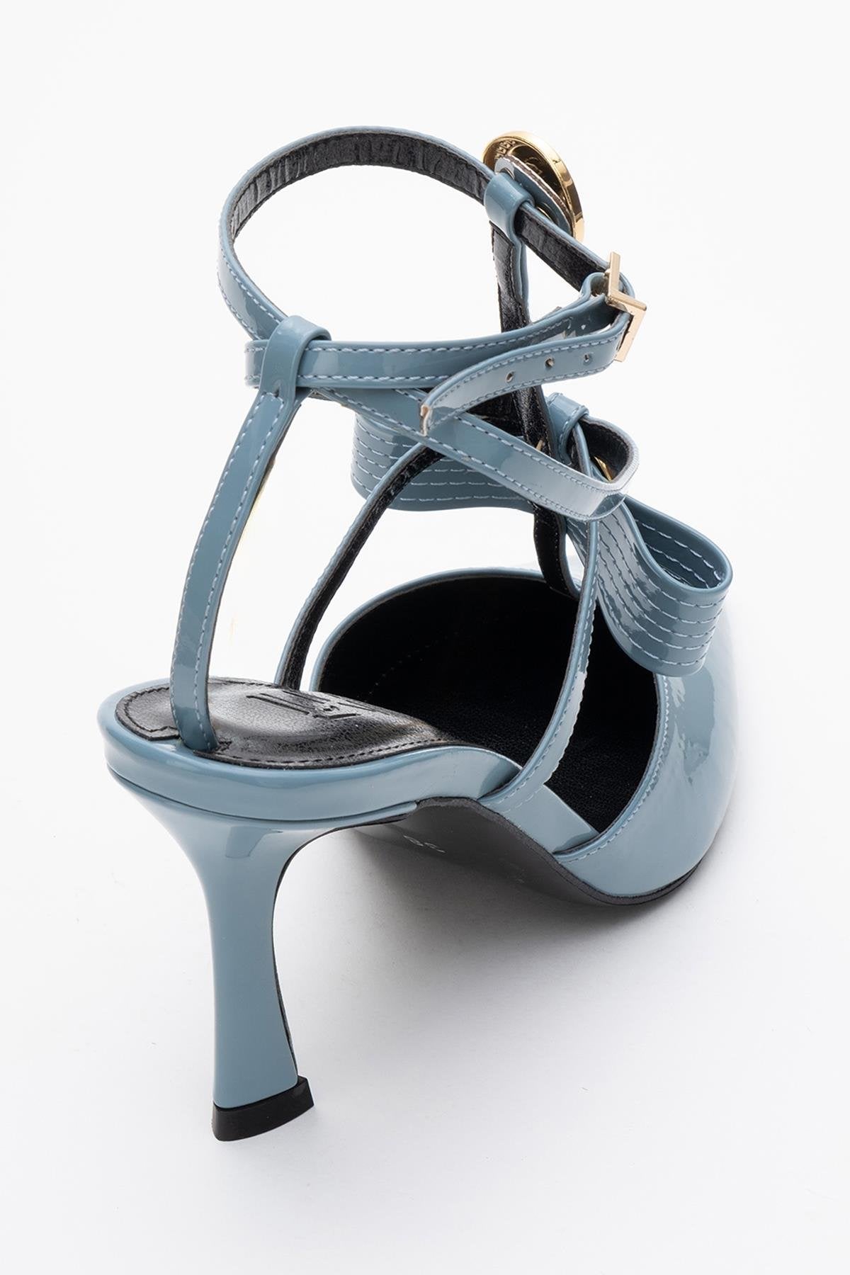 Peal - Blue Patent Heeled Shoe – top view showing leather, blue, Vowalisse