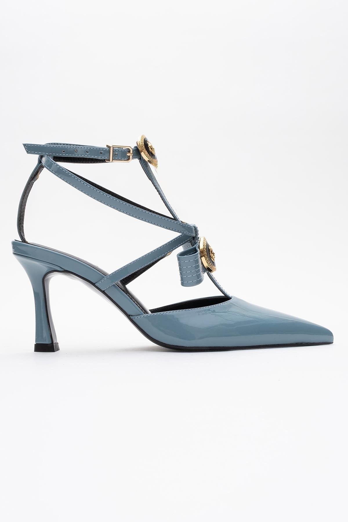 Peal - Blue Patent Heeled Shoe – sole view showing leather, blue, Vowalisse