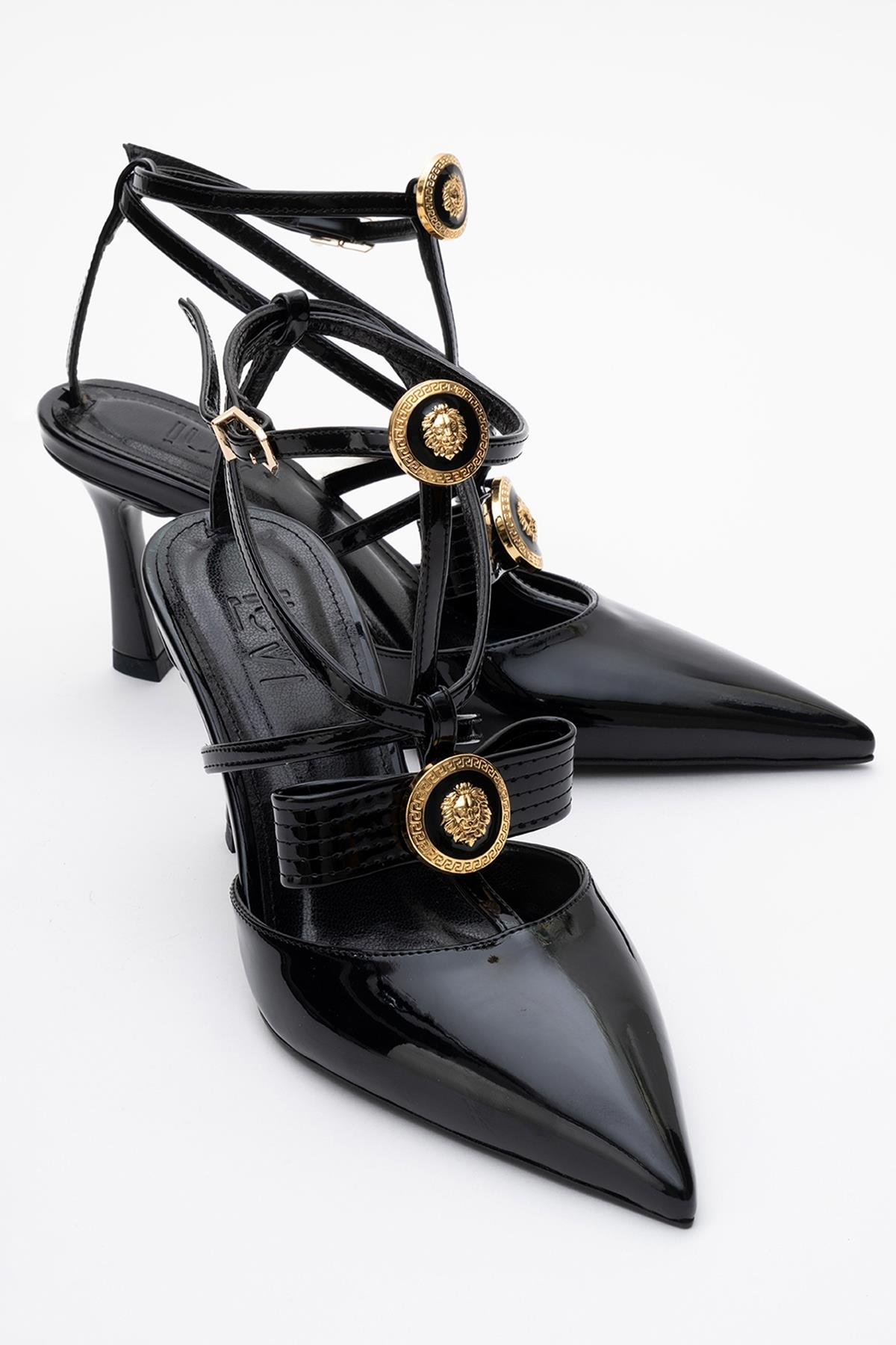 Peal - Black Patent Heeled Shoe – front three-quarter view showing leather, black, Vowalisse