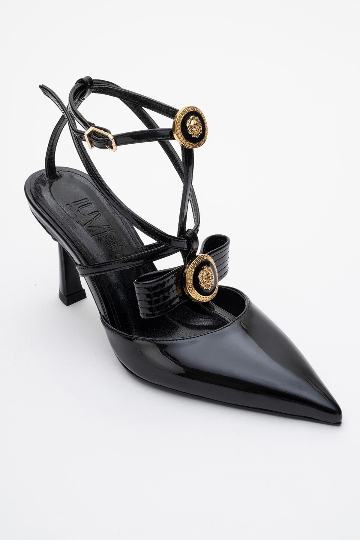 Peal - Black Patent Heeled Shoe – heel view showing leather, black, Vowalisse