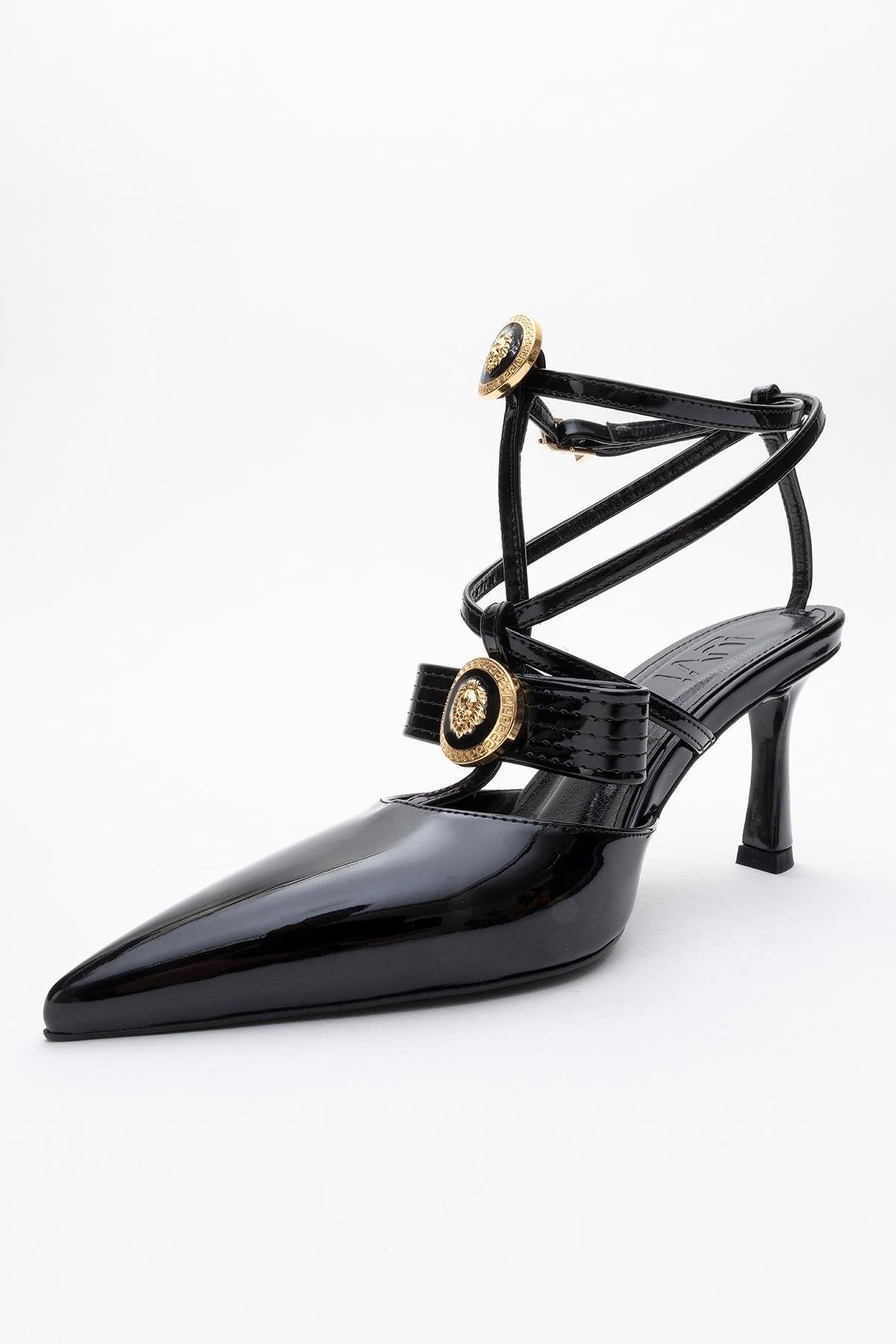 Peal - Black Patent Heeled Shoe – back view showing leather, black, Vowalisse