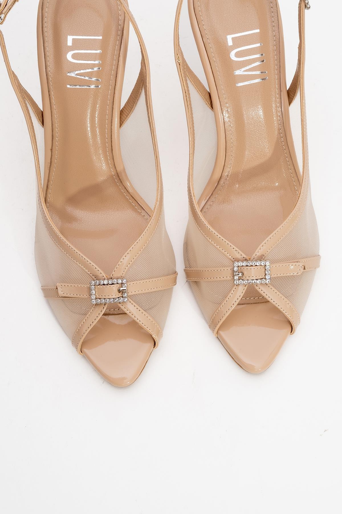 Elyse - Beige High-Heel Evening Shoe – side view showing leather, mesh, Vowalisse