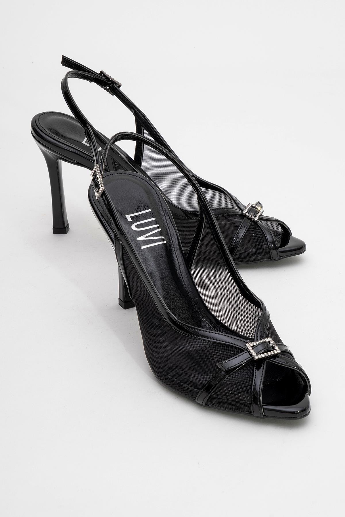Elyse - Black High-Heel Evening Shoe – front three-quarter view showing leather, mesh, black, Vowalisse