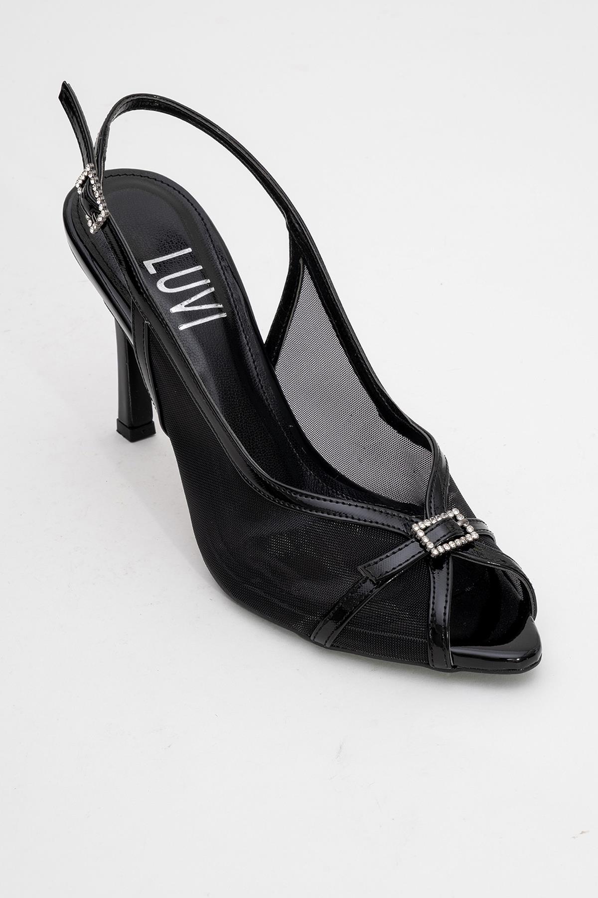 Elyse - Black High-Heel Evening Shoe – detail view showing leather, mesh, black, Vowalisse