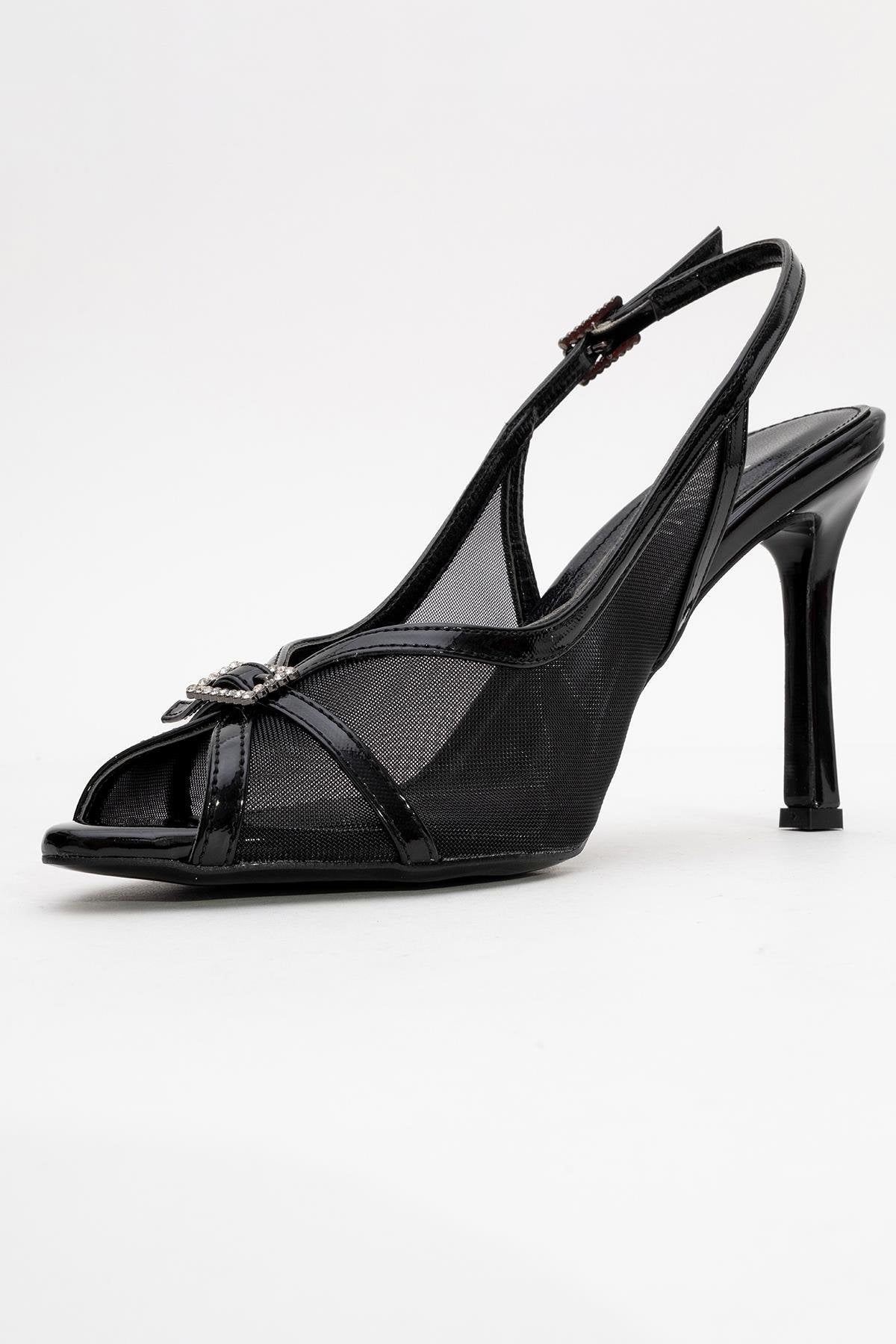 Elyse - Black High-Heel Evening Shoe – heel view showing leather, mesh, black, Vowalisse
