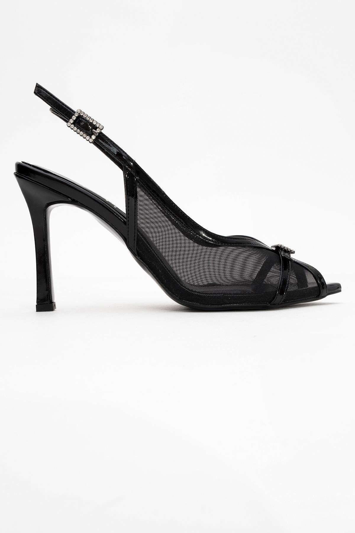 Elyse - Black High-Heel Evening Shoe – top view showing leather, mesh, black, Vowalisse