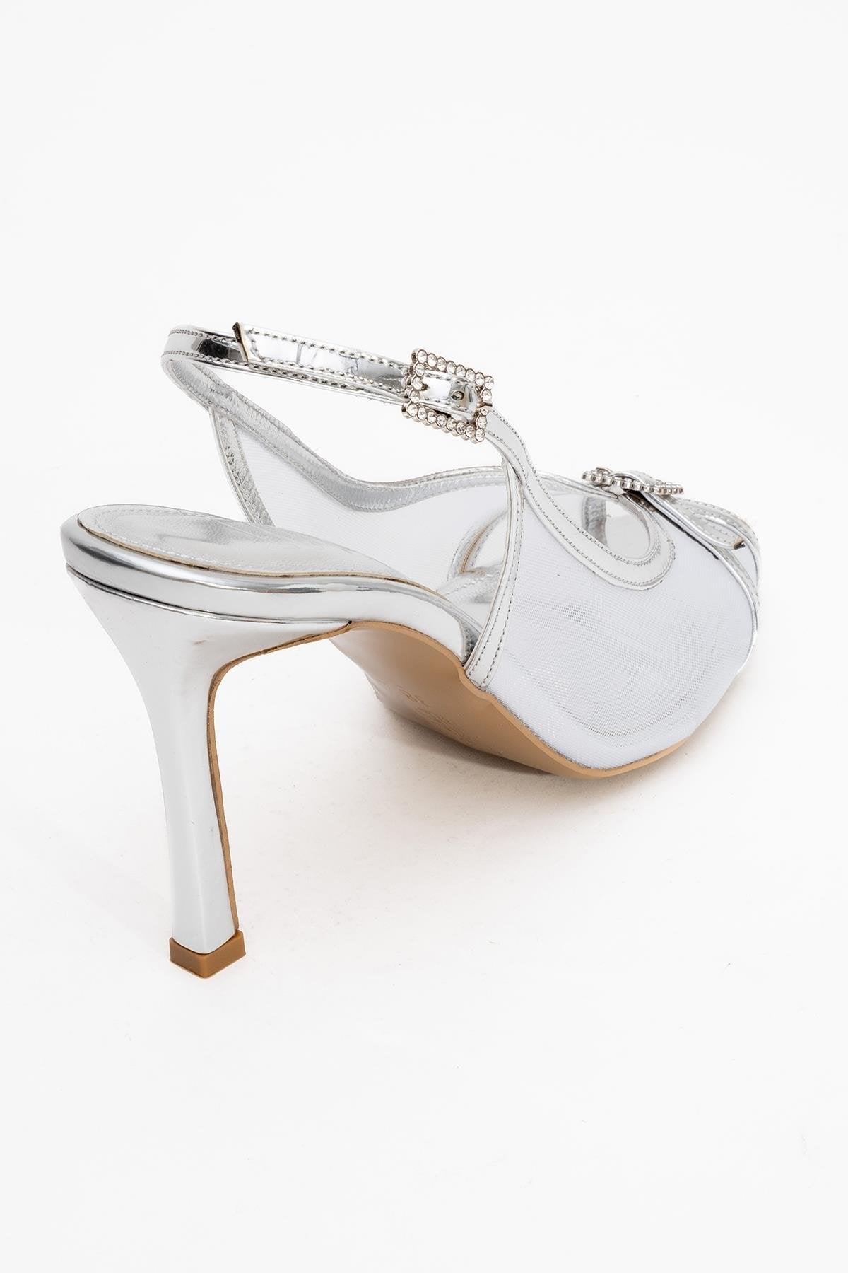 Elyse - Silver High-Heel Evening Shoe – back view showing leather, silver, Vowalisse