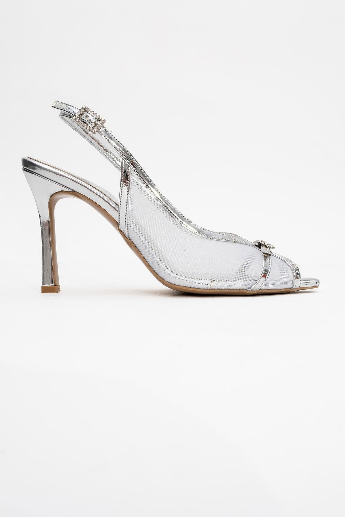 Elyse - Silver High-Heel Evening Shoe – top view showing leather, silver, Vowalisse