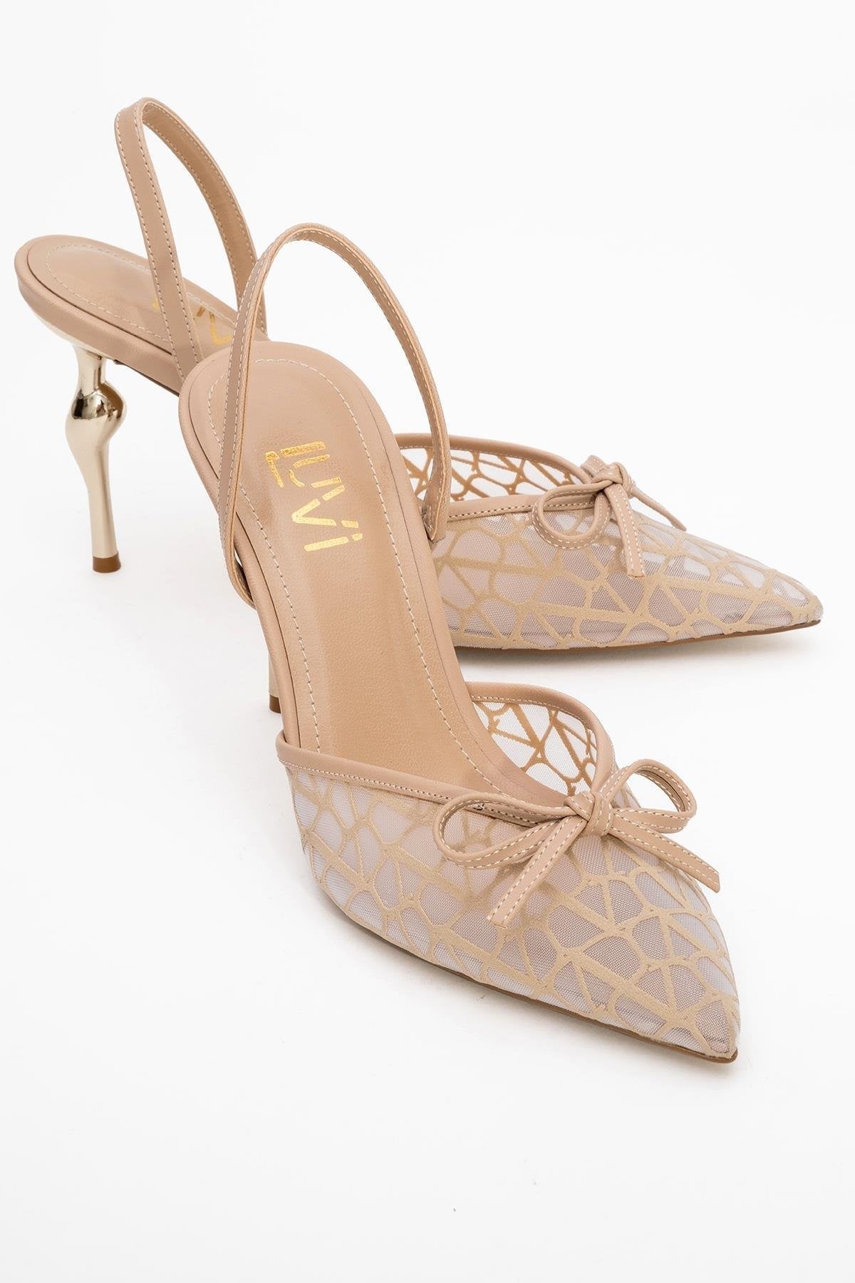 Peony - Beige Mesh Bow Pointed Toe Pump – front three-quarter view showing bow, leather, mesh, Vowalisse