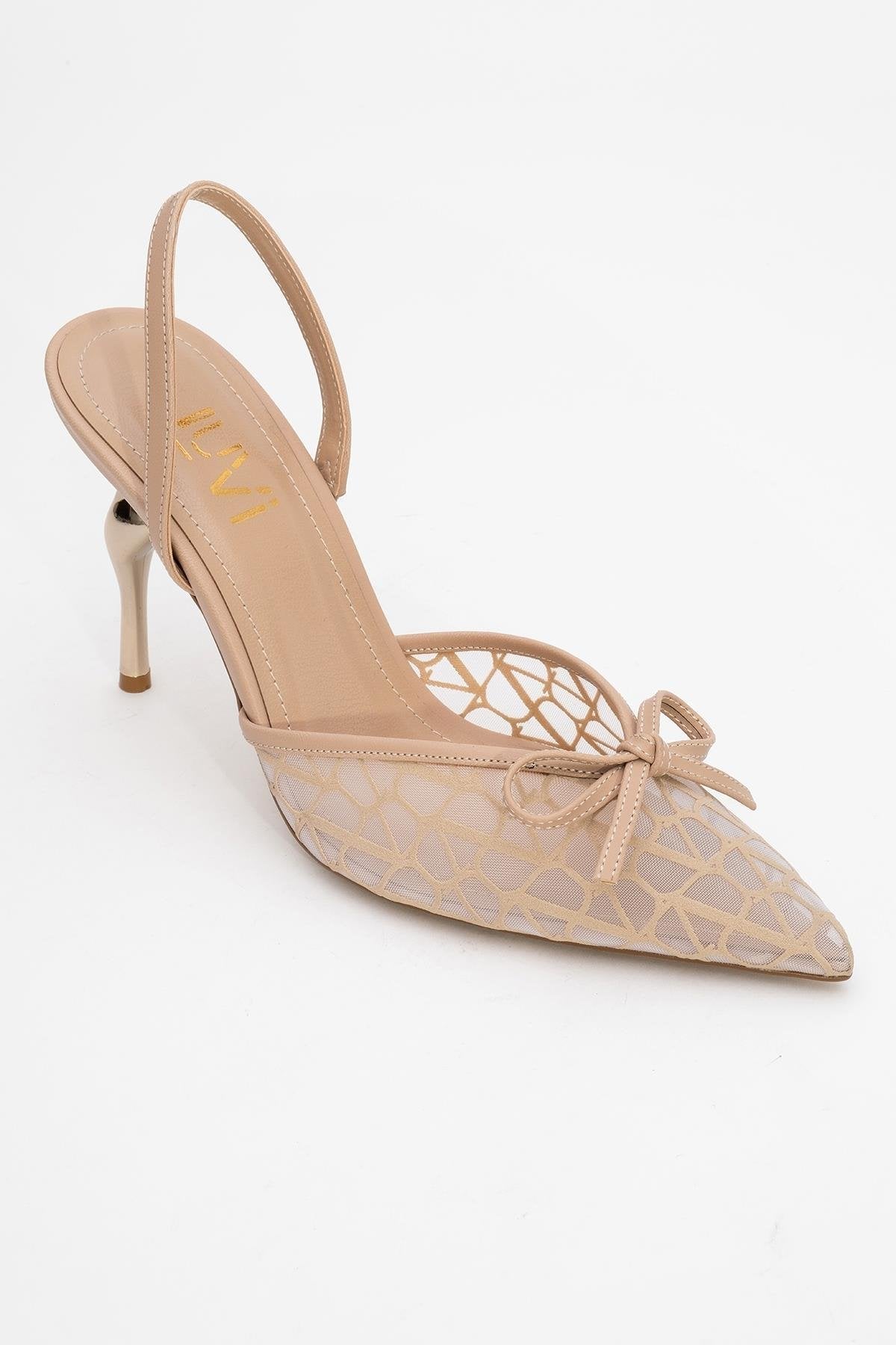 Peony - Beige Mesh Bow Pointed Toe Pump – detail view showing bow, leather, mesh, Vowalisse