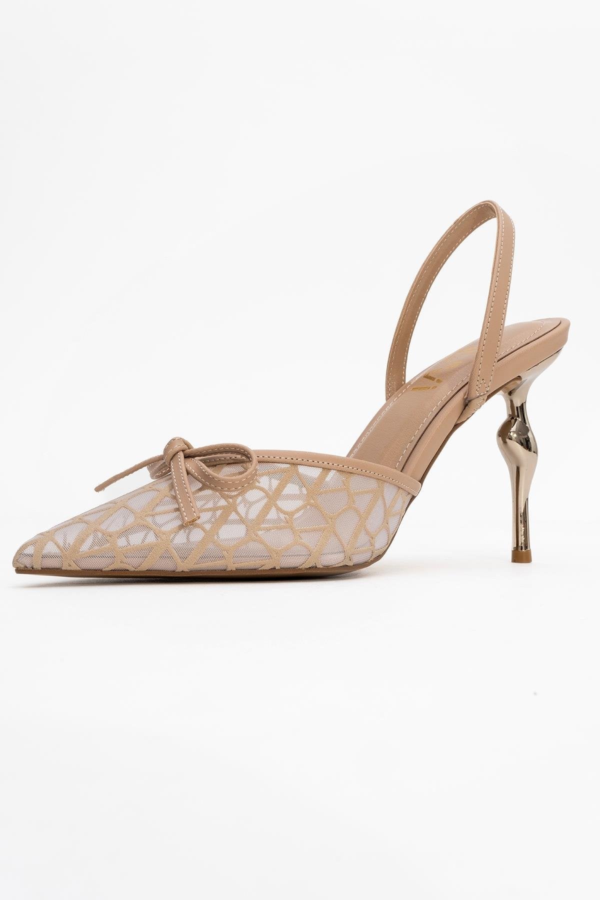 Peony - Beige Mesh Bow Pointed Toe Pump – heel view showing bow, leather, mesh, Vowalisse