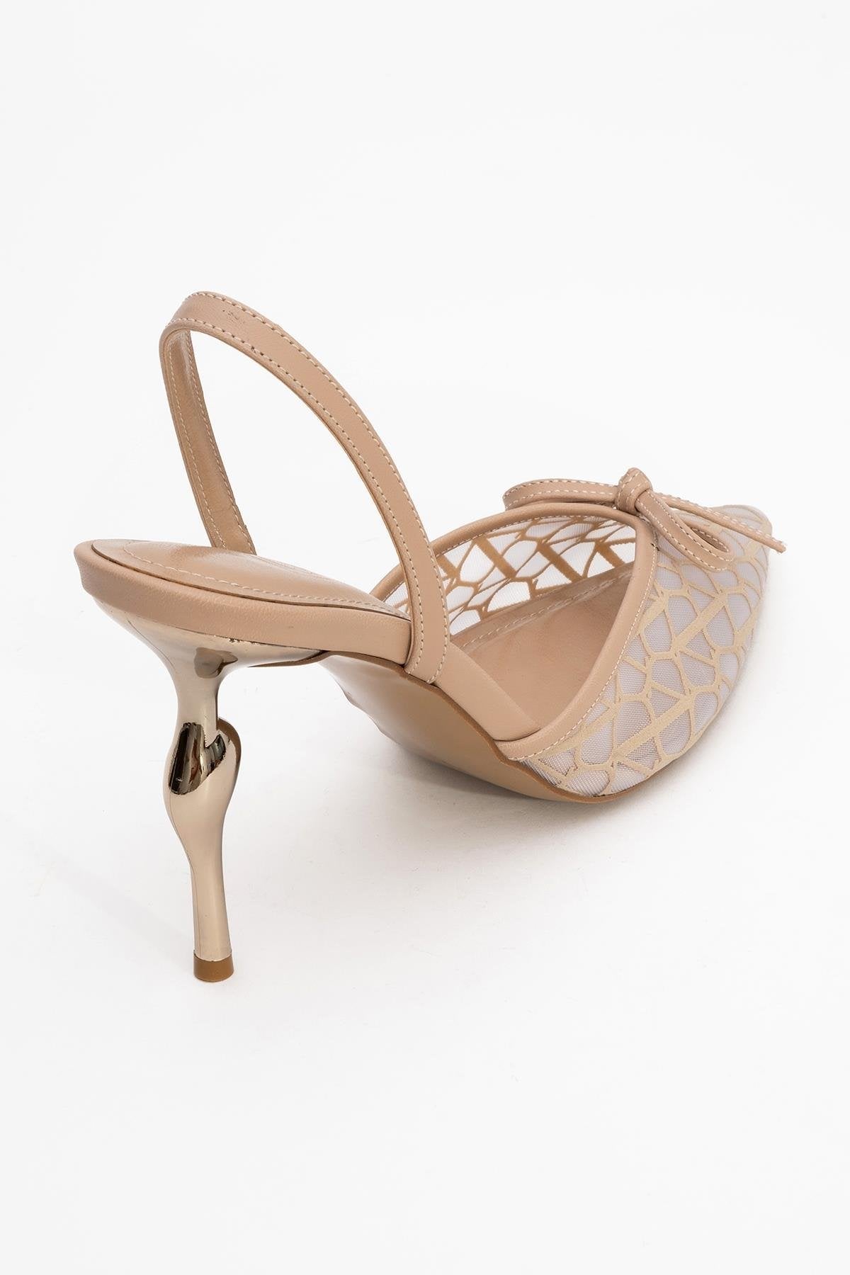 Peony - Beige Mesh Bow Pointed Toe Pump – back view showing bow, leather, mesh, Vowalisse