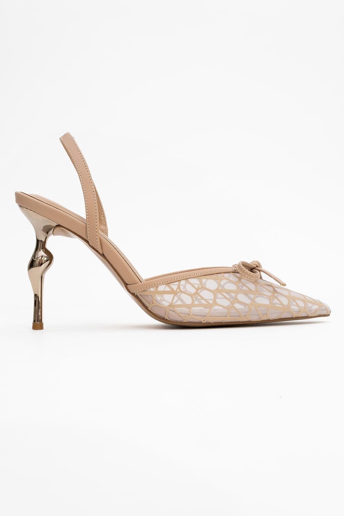 Peony - Beige Mesh Bow Pointed Toe Pump – top view showing bow, leather, mesh, Vowalisse