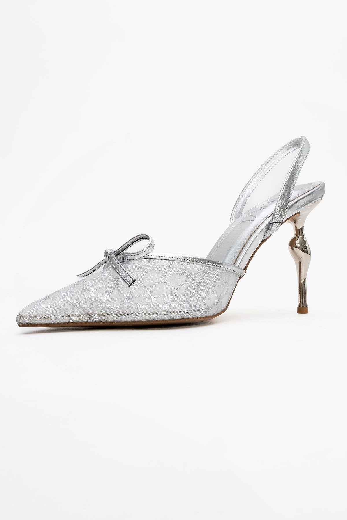 Peony - Silver Mesh Bow Pointed Toe Pump – heel view showing bow, leather, mesh, Vowalisse
