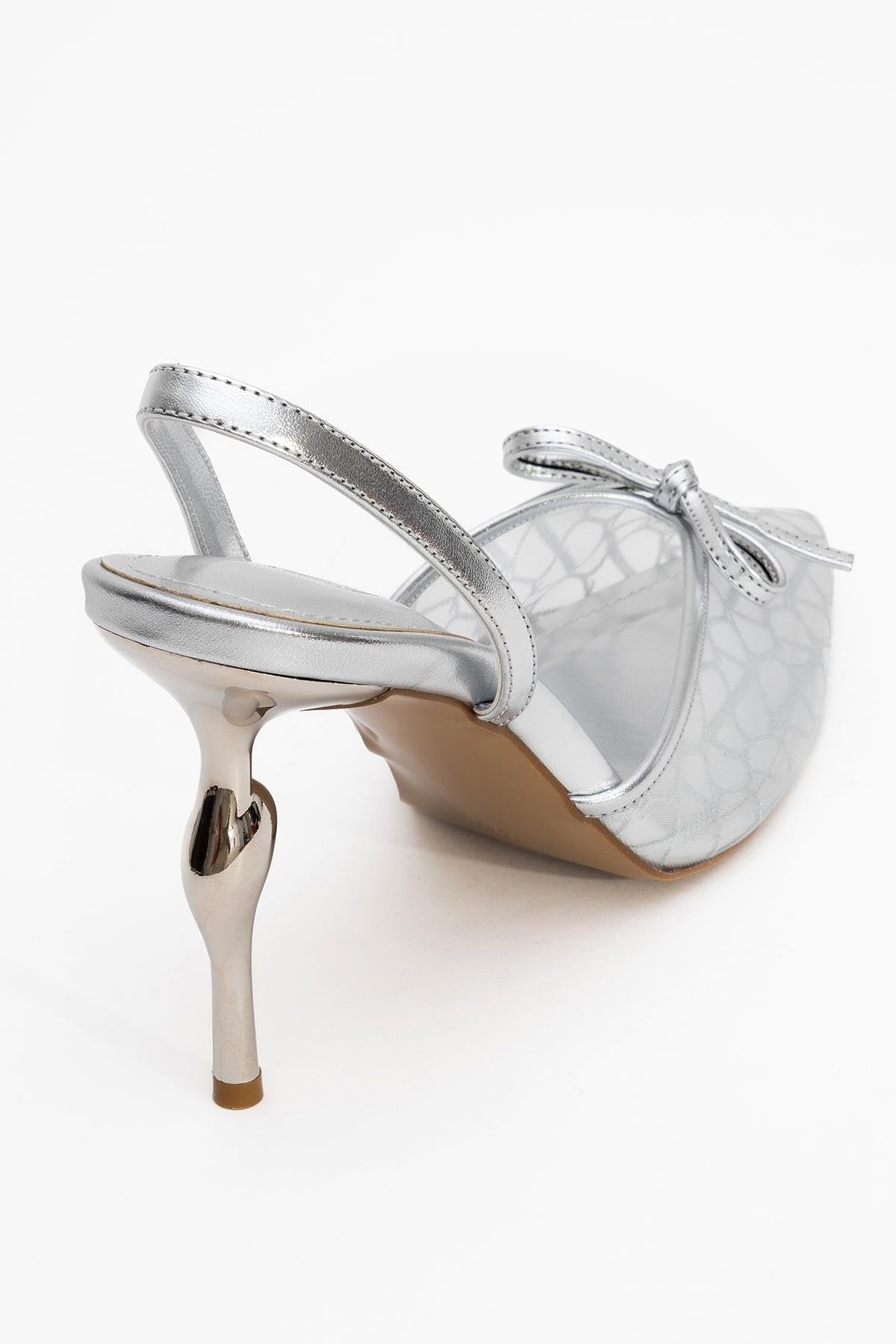 Peony - Silver Mesh Bow Pointed Toe Pump – back view showing bow, leather, mesh, Vowalisse