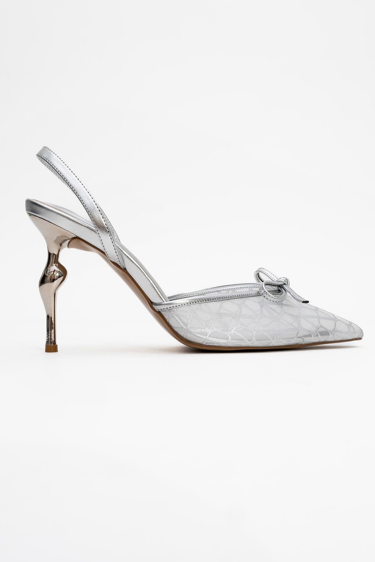 Peony - Silver Mesh Bow Pointed Toe Pump – top view showing bow, leather, mesh, Vowalisse