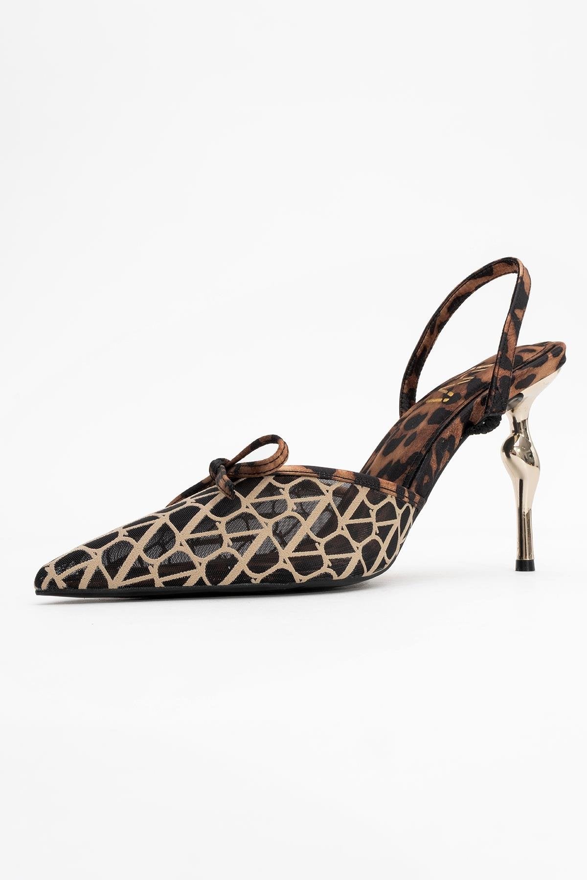 Peony - Black And Yellow Mesh Bow Pointed Toe Pump – heel view showing bow, mesh, black, Vowalisse