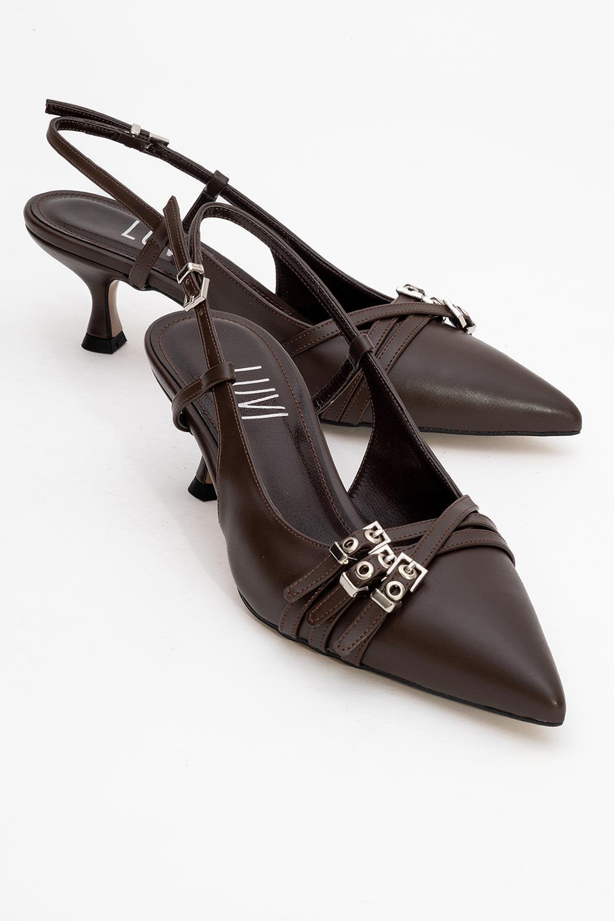 Woss - Brown Belt-Detail Heeled Shoe – front three-quarter view showing leather, Vowalisse