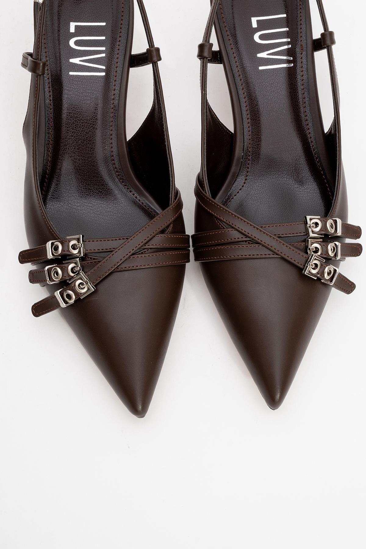 Woss - Brown Belt-Detail Heeled Shoe – side view showing leather, Vowalisse