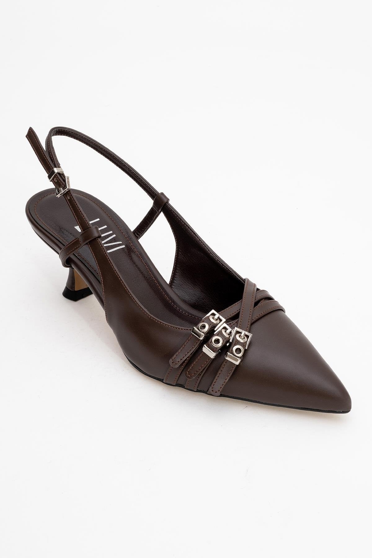 Woss - Brown Belt-Detail Heeled Shoe – detail view showing leather, Vowalisse