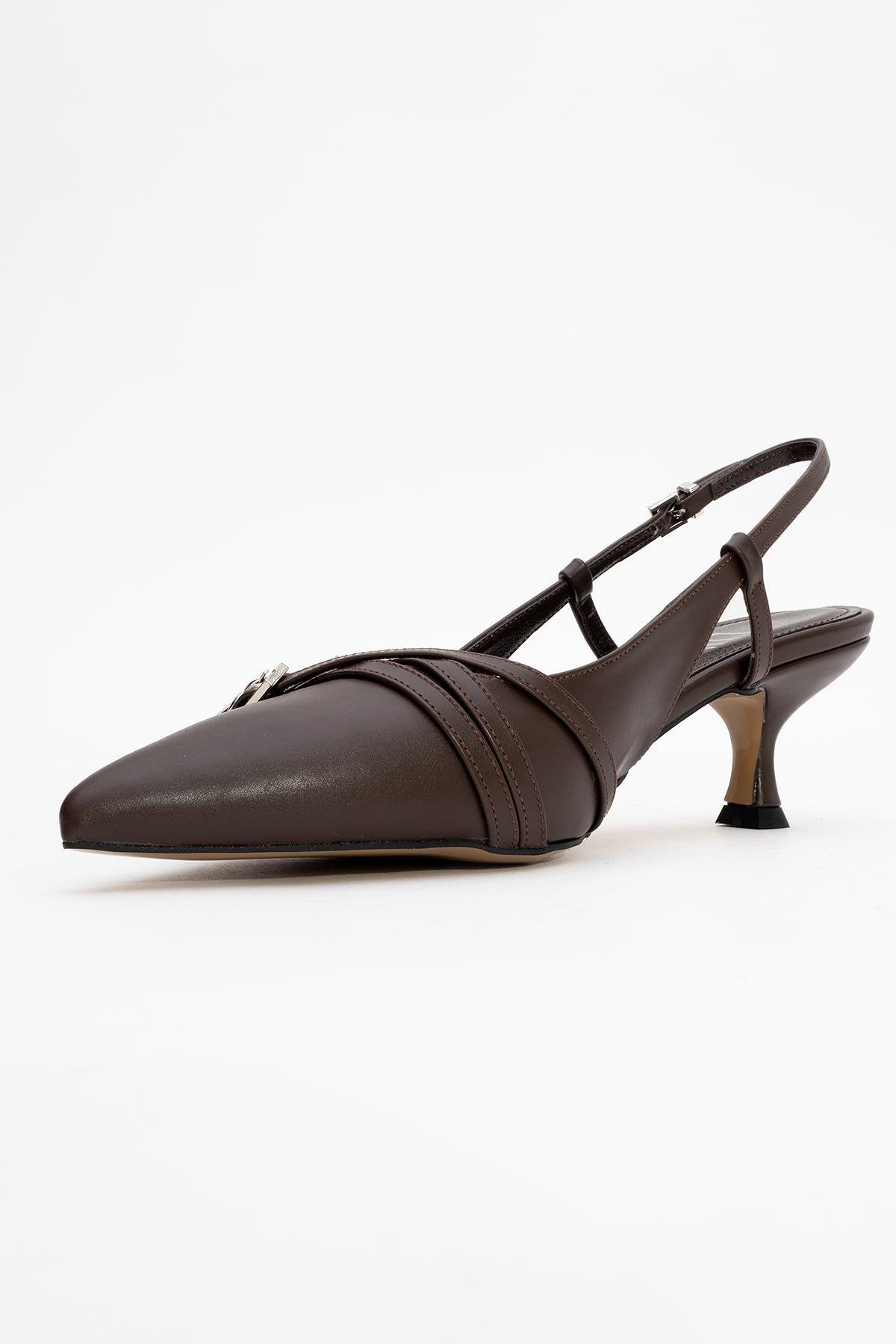 Woss - Brown Belt-Detail Heeled Shoe – heel view showing leather, Vowalisse