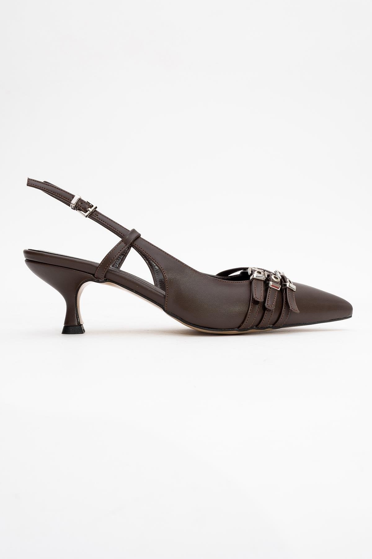 Woss - Brown Belt-Detail Heeled Shoe – top view showing leather, Vowalisse