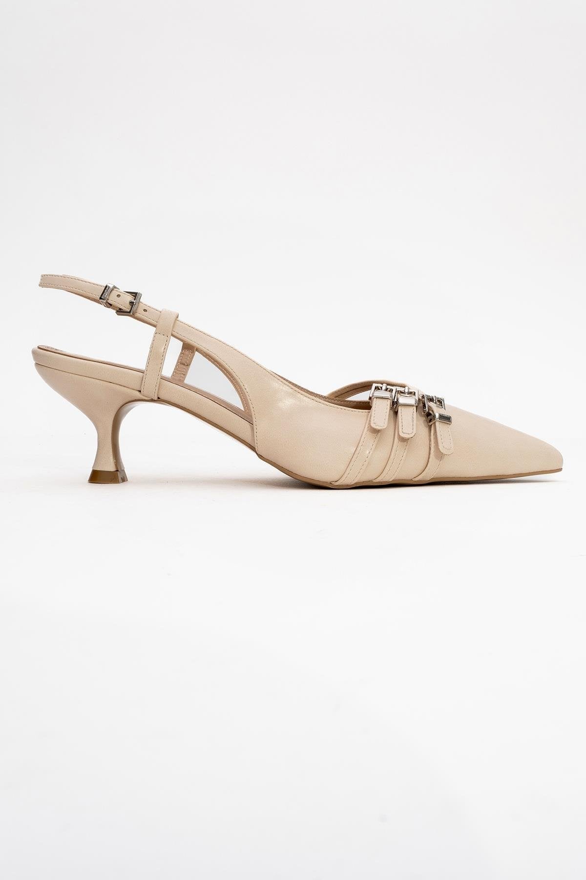 Woss - Beige Belt-Detail Heeled Shoe – top view showing leather, Vowalisse