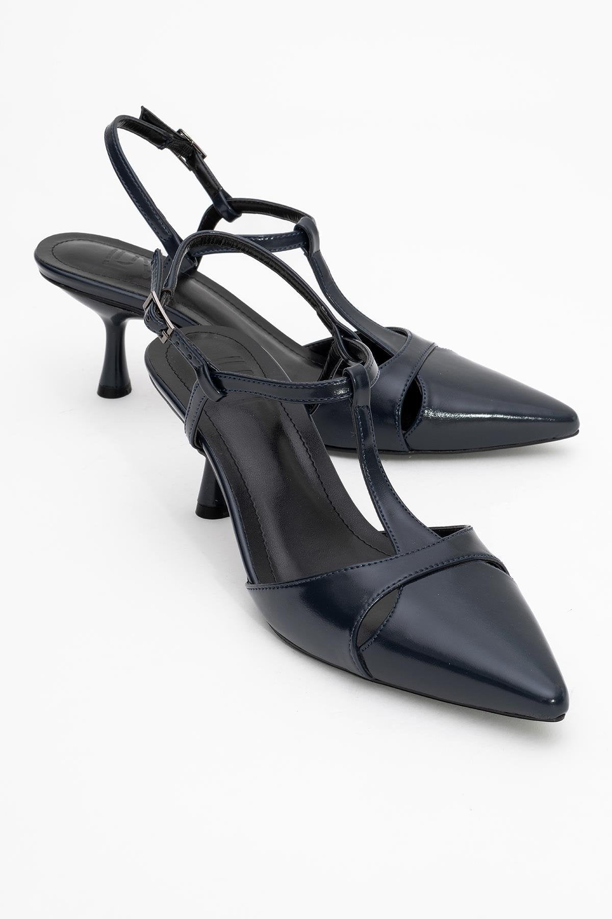 Abelia - Navy Stiletto Pump – front three-quarter view showing leather, red, Vowalisse