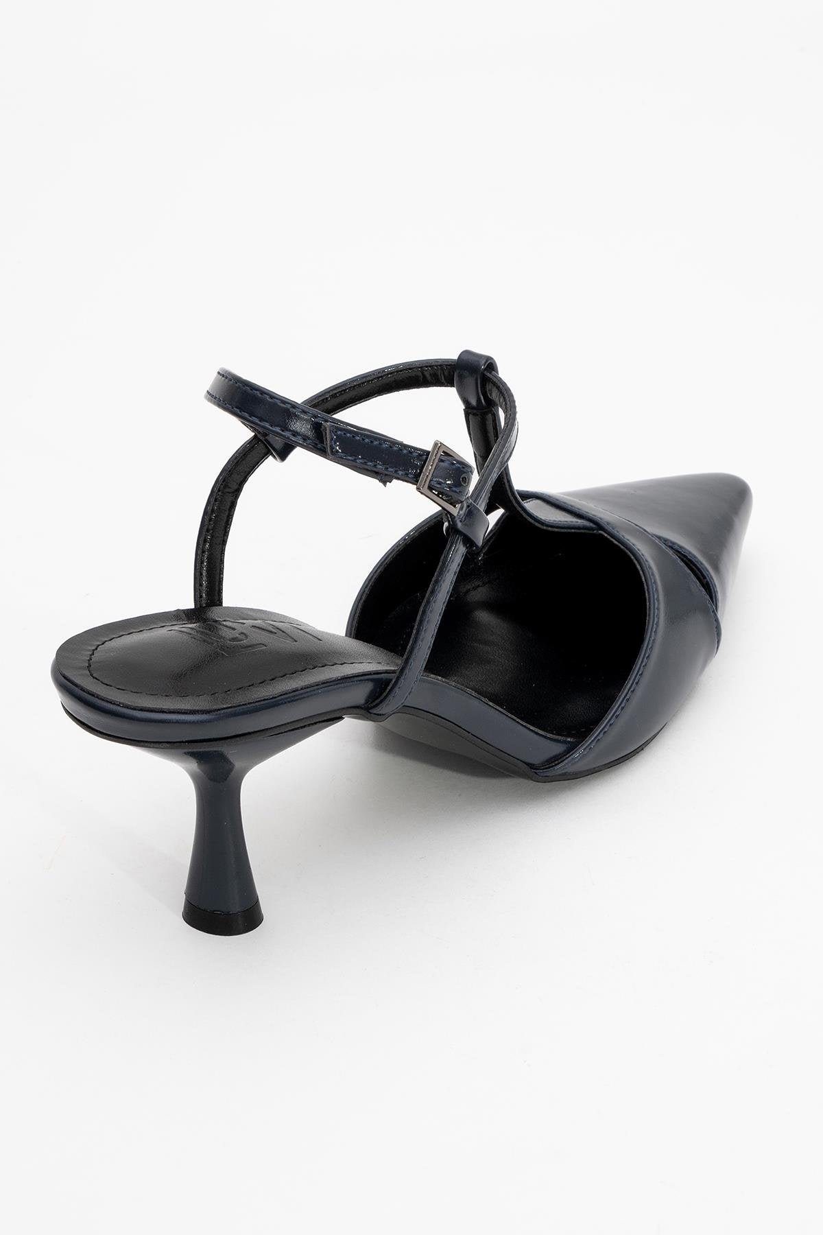 Abelia - Navy Stiletto Pump – back view showing leather, red, Vowalisse