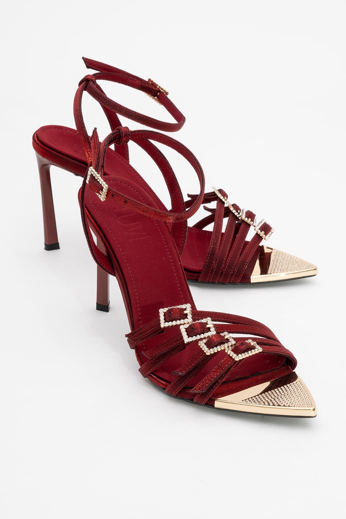 Auro - Burgundy Satin Embellished Buckled High Heel Pump – front three-quarter view showing satin, metallic, Vowalisse