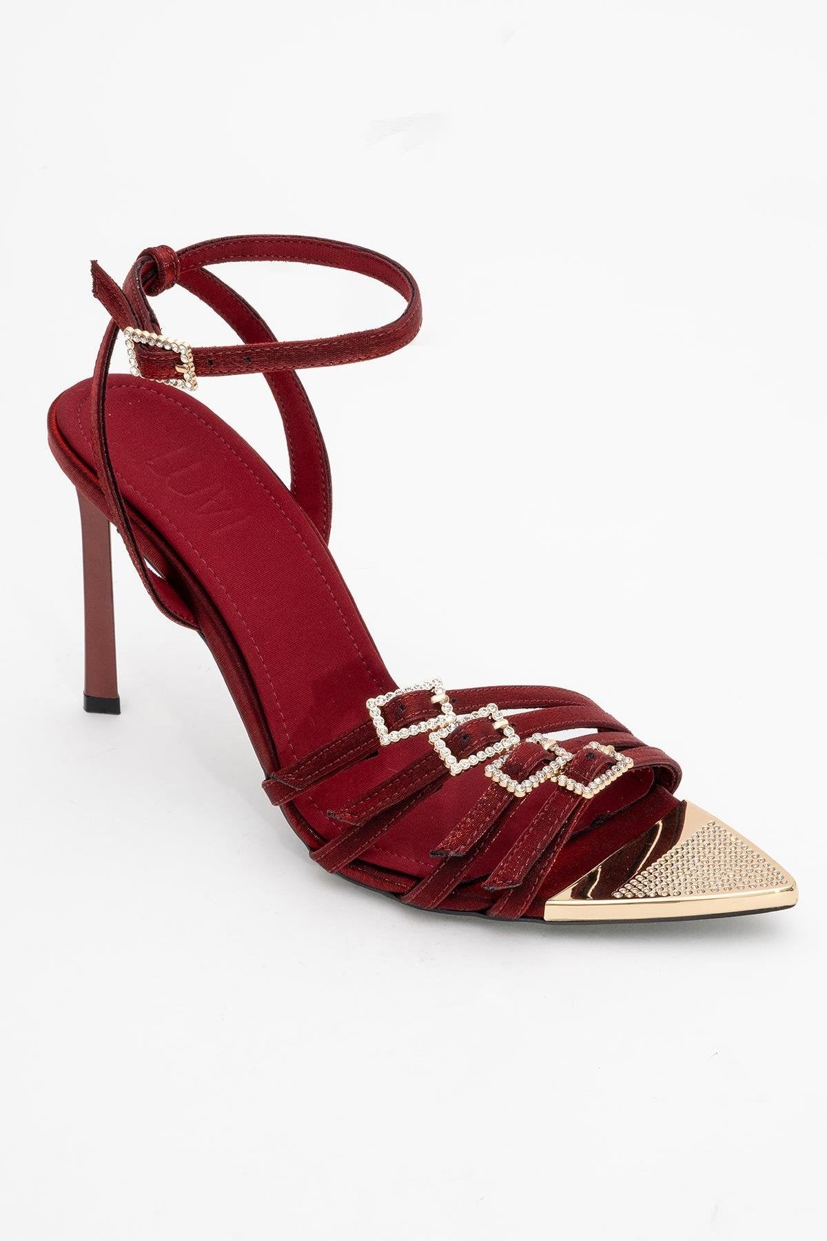 Auro - Burgundy Satin Embellished Buckled High Heel Pump – detail view showing satin, metallic, Vowalisse