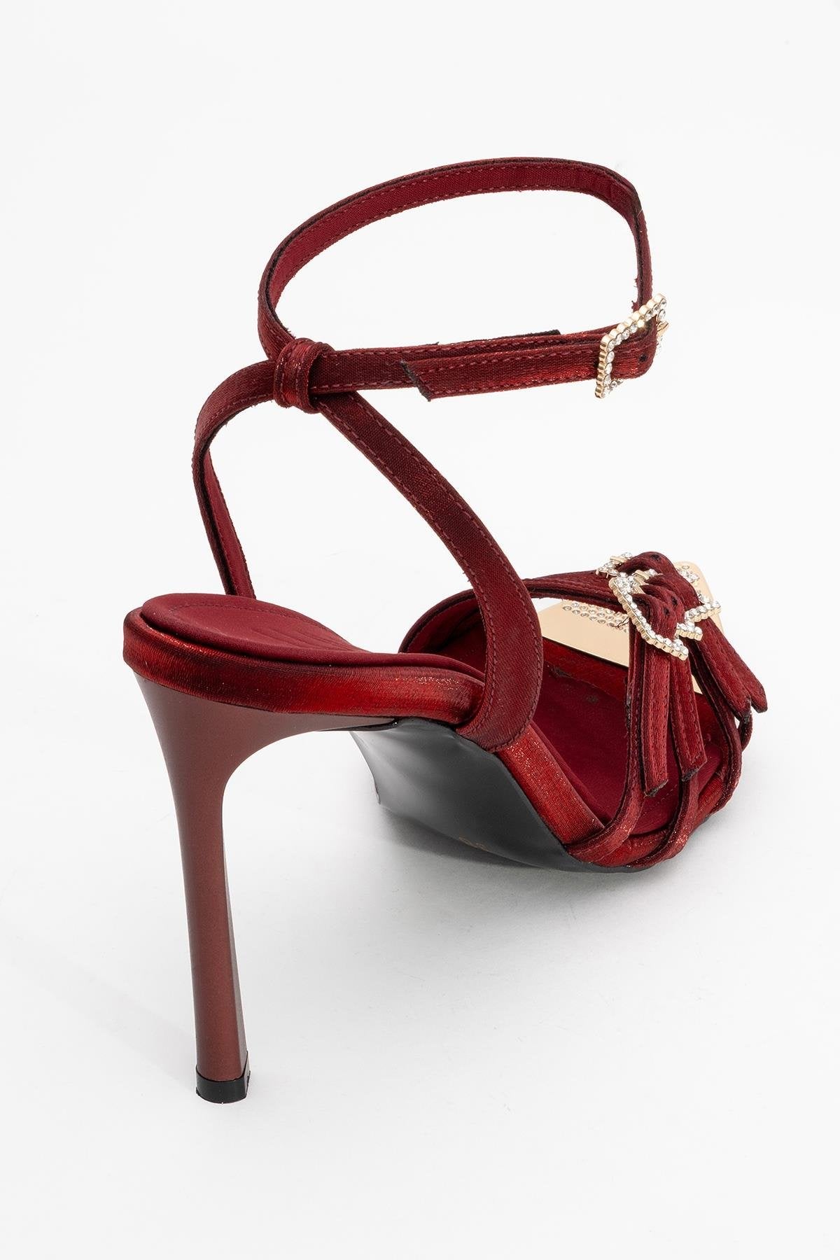Auro - Burgundy Satin Embellished Buckled High Heel Pump – back view showing satin, metallic, Vowalisse