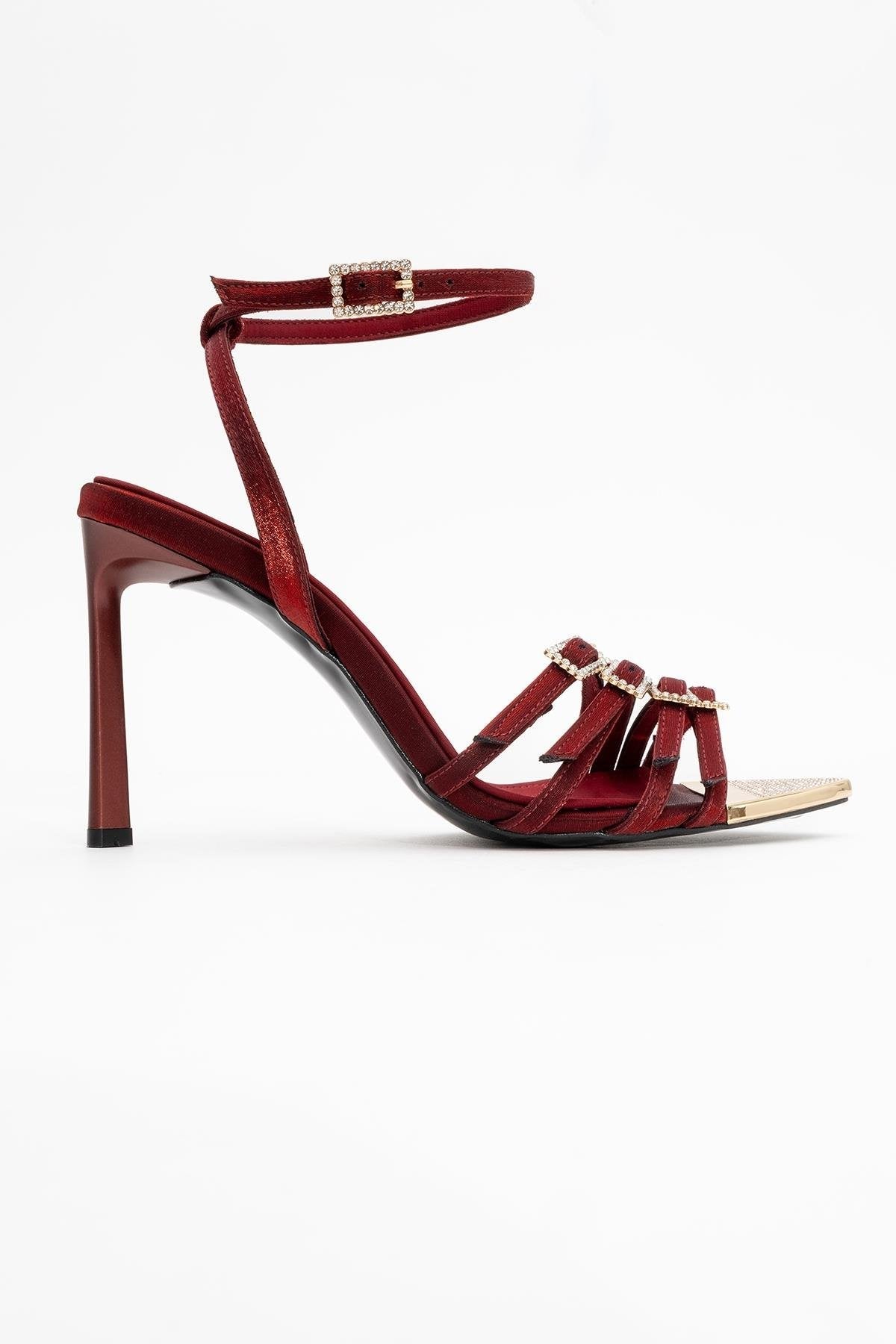 Auro - Burgundy Satin Embellished Buckled High Heel Pump – top view showing satin, metallic, Vowalisse