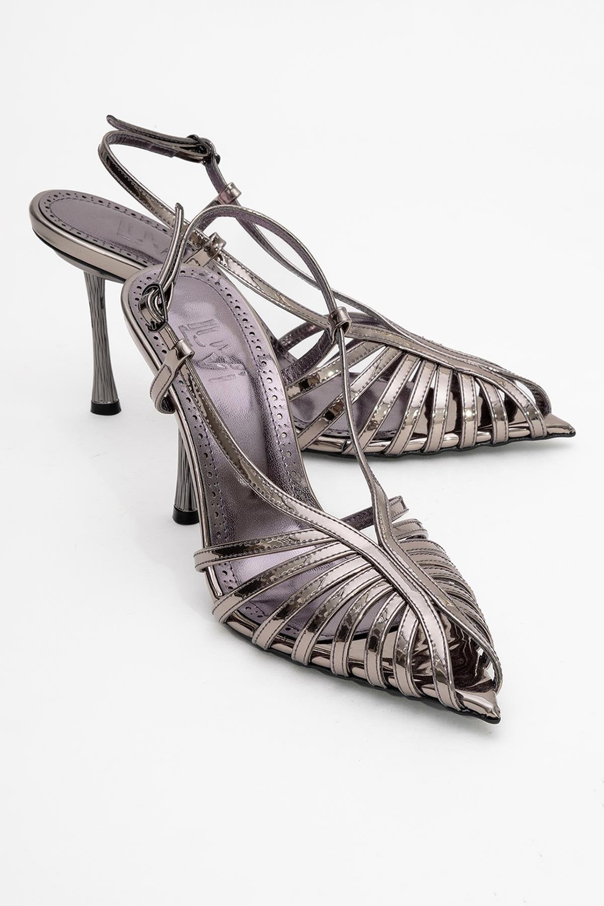 Leaf - Platinum Mirror High Heel Pump – front three-quarter view showing leather, Vowalisse