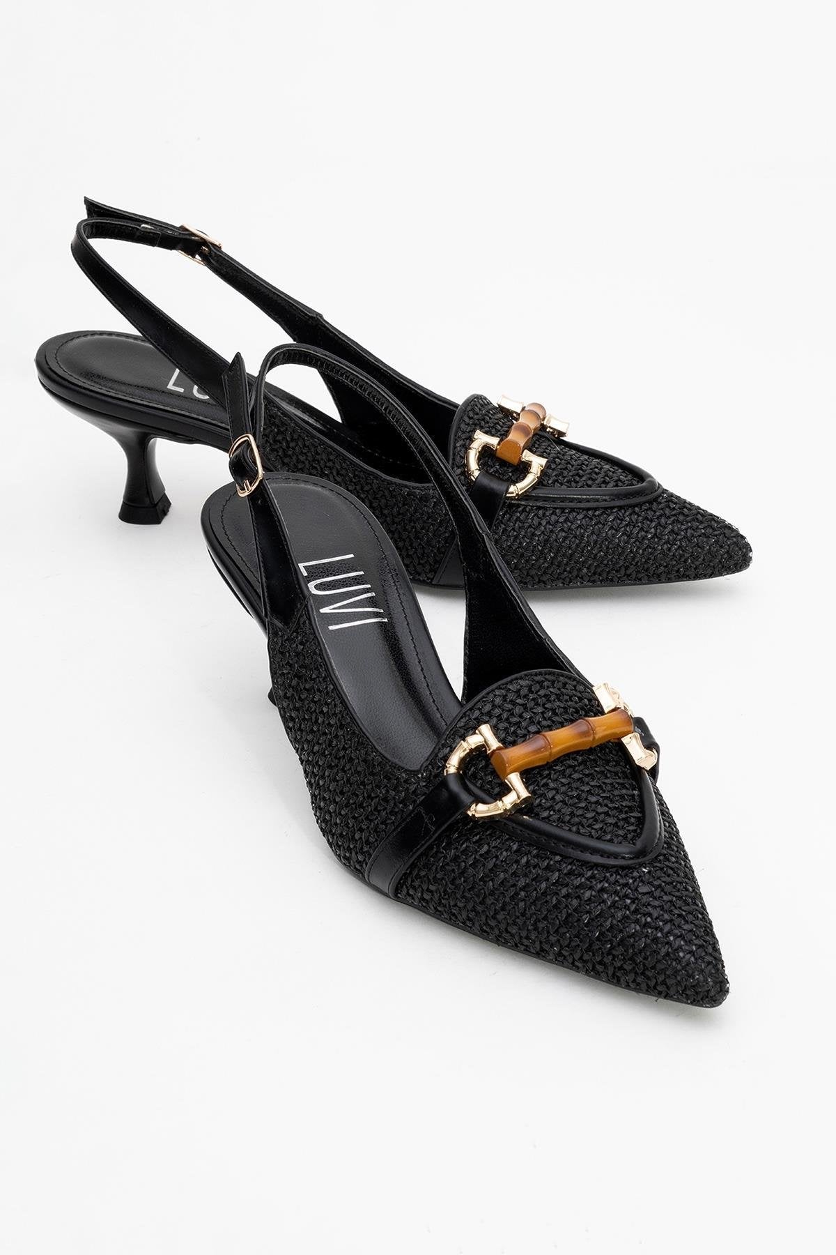 Osca - Black Pointed Toe Buckled Slingback Stiletto Pump – front three-quarter view showing leather, black, Vowalisse