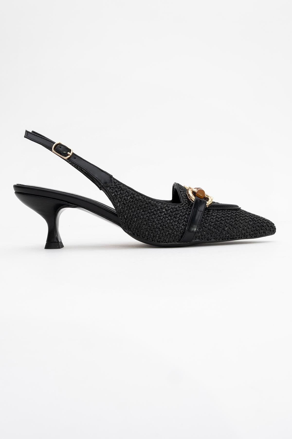 Osca - Black Pointed Toe Buckled Slingback Stiletto Pump – back view showing leather, black, Vowalisse