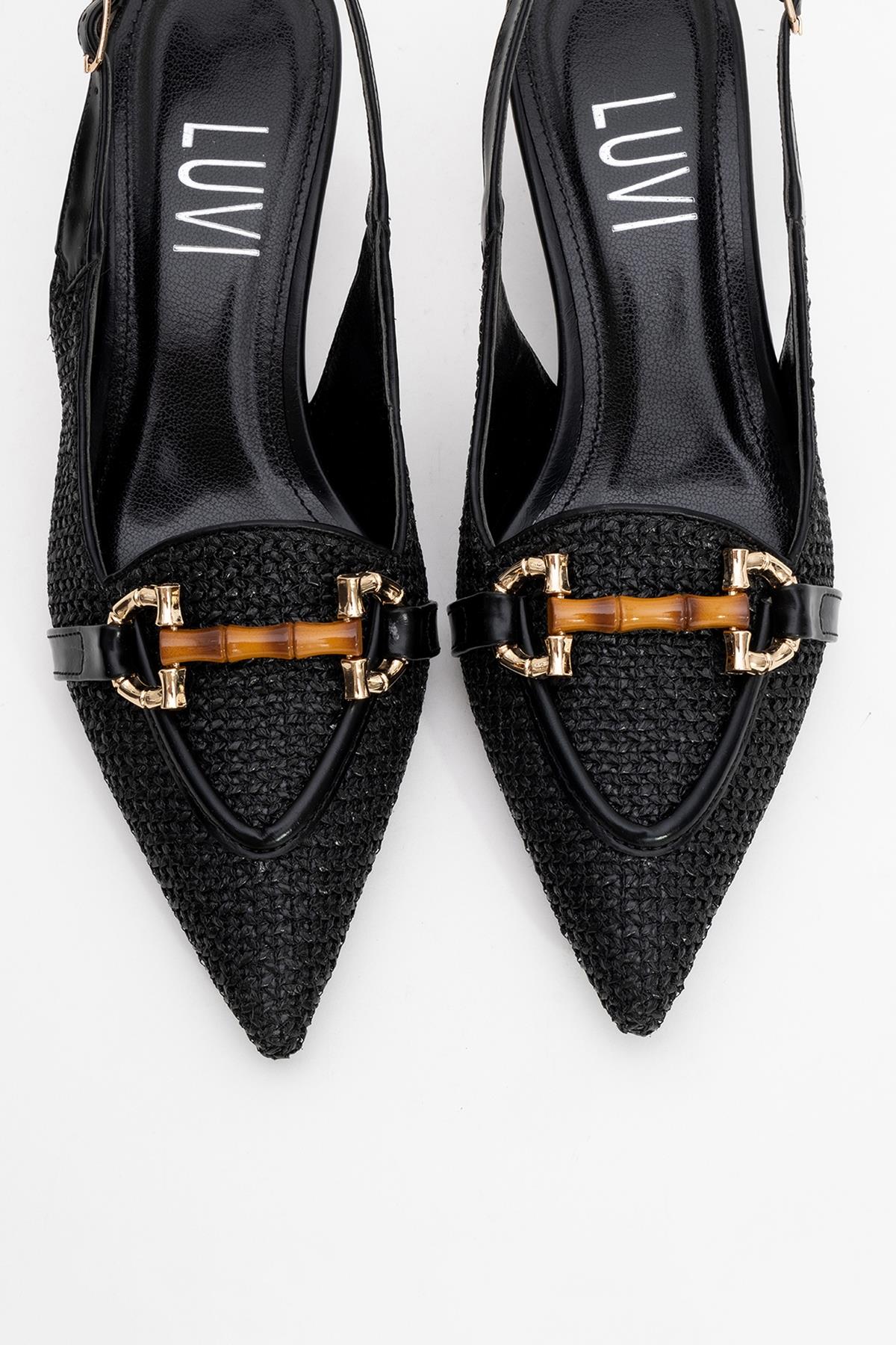 Osca - Black Pointed Toe Buckled Slingback Stiletto Pump – top view showing leather, black, Vowalisse