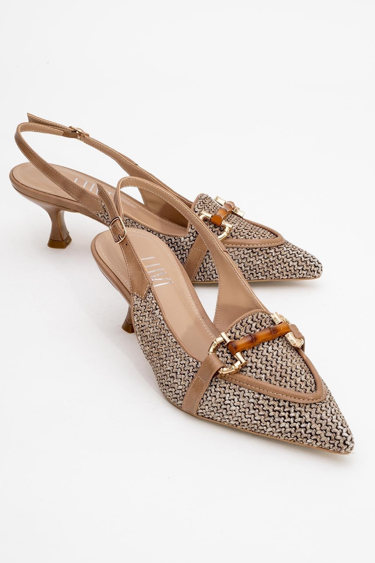 Osca - Dark Beige Raffia Buckle Pointed Toe High Heel – front three-quarter view showing leather, red, Vowalisse