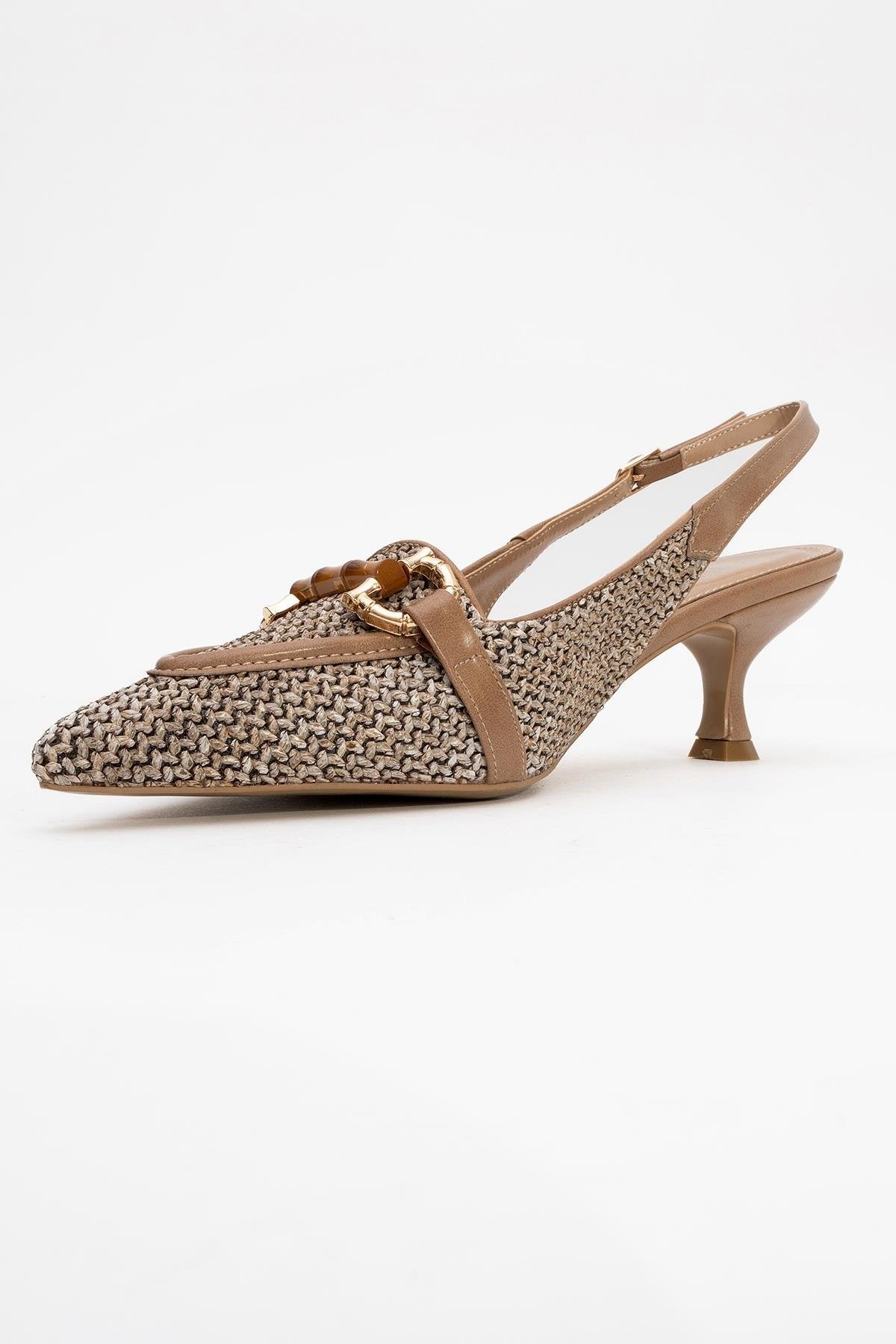 Osca - Dark Beige Raffia Buckle Pointed Toe High Heel – heel view showing leather, red, Vowalisse