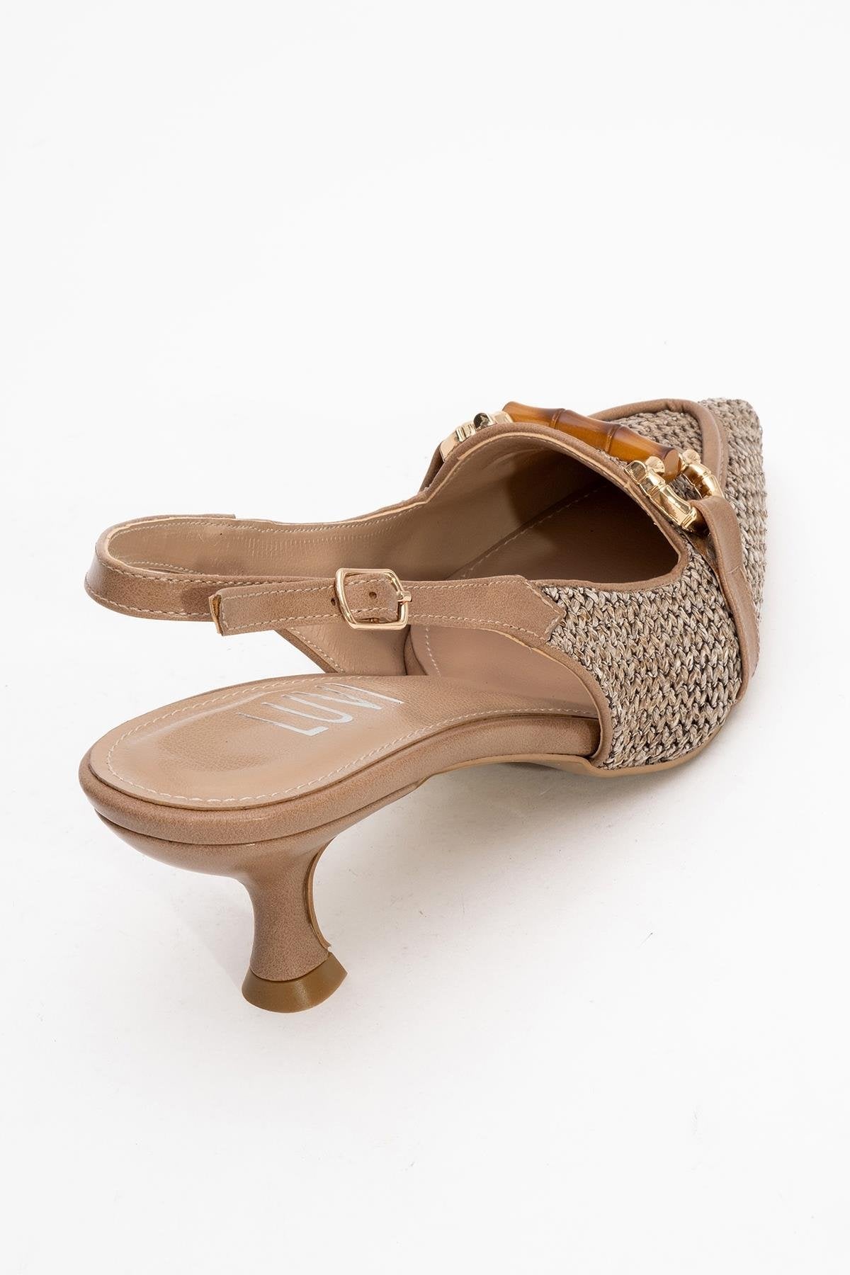 Osca - Dark Beige Raffia Buckle Pointed Toe High Heel – back view showing leather, red, Vowalisse
