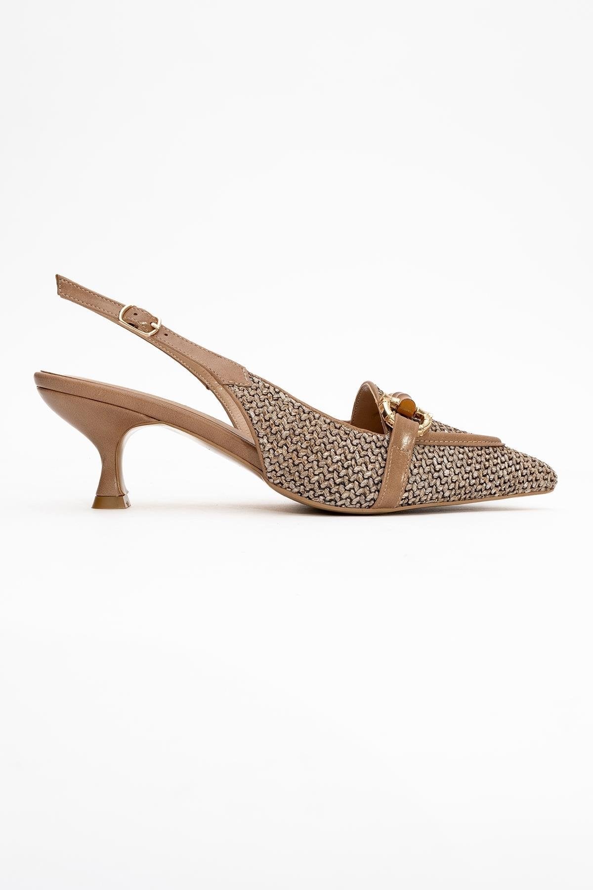 Osca - Dark Beige Raffia Buckle Pointed Toe High Heel – top view showing leather, red, Vowalisse