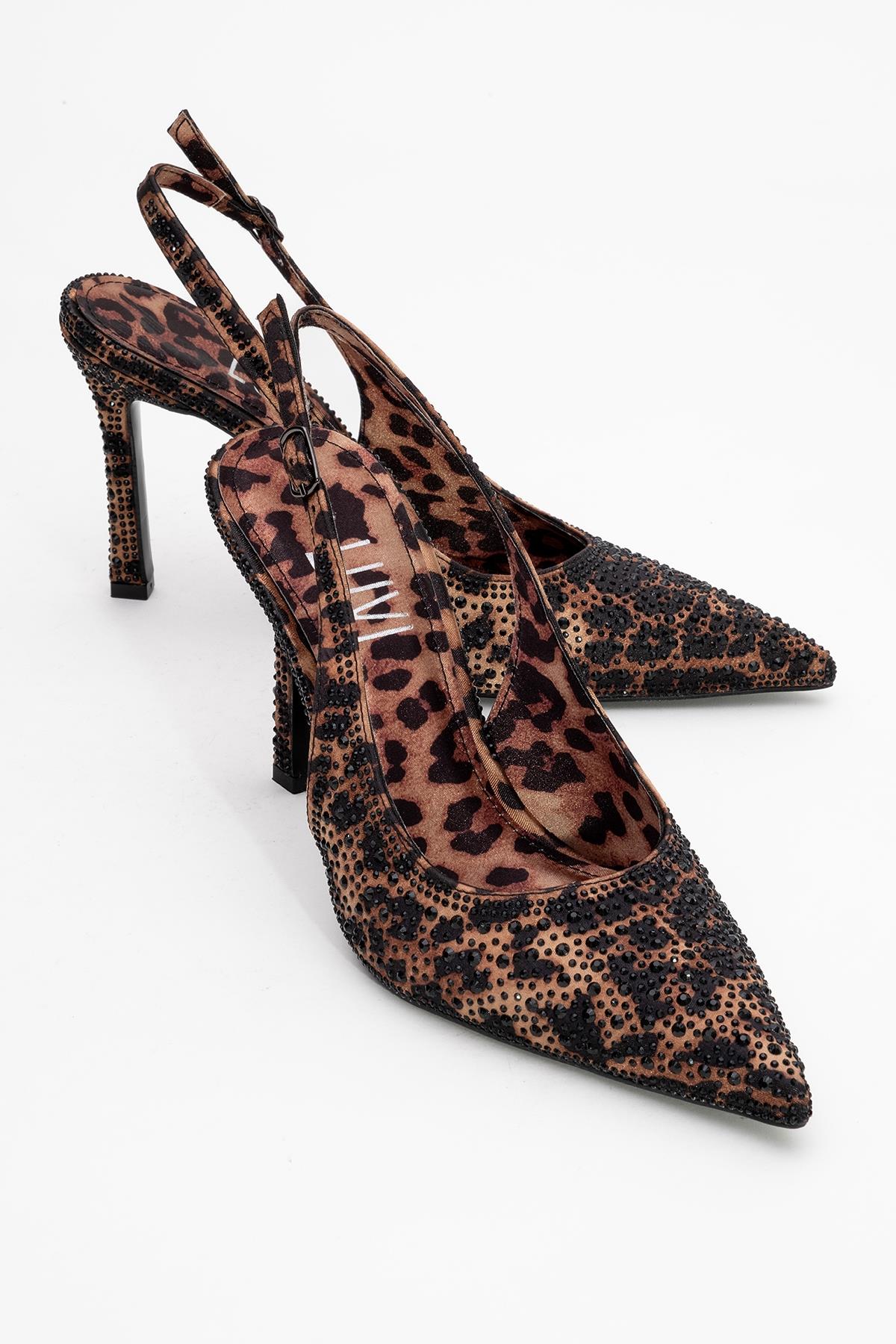 Roya - Black/Yellow Printed Satin Jeweled Pointed Toe Stiletto – front three-quarter view showing satin, black, Vowalisse