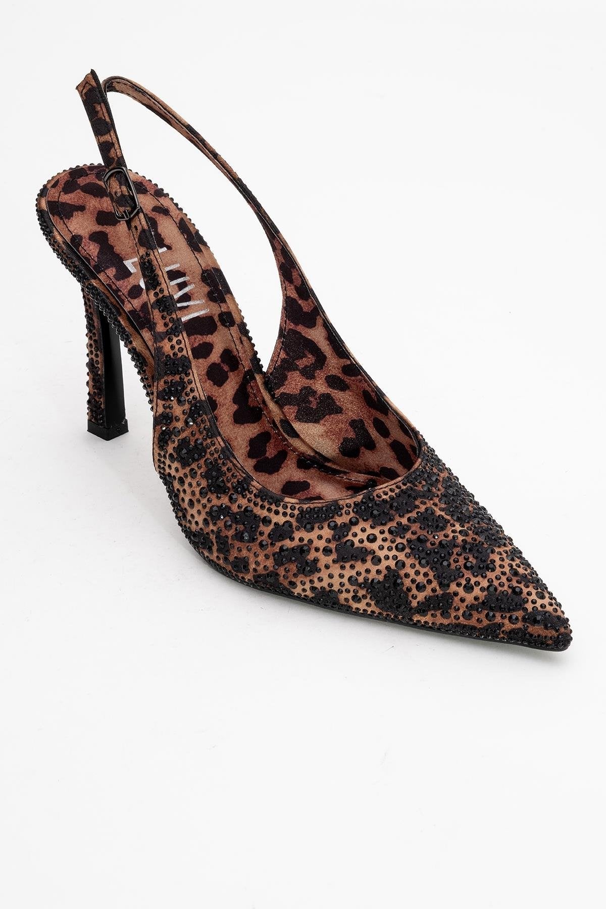 Roya - Black/Yellow Printed Satin Jeweled Pointed Toe Stiletto – detail view showing satin, black, Vowalisse